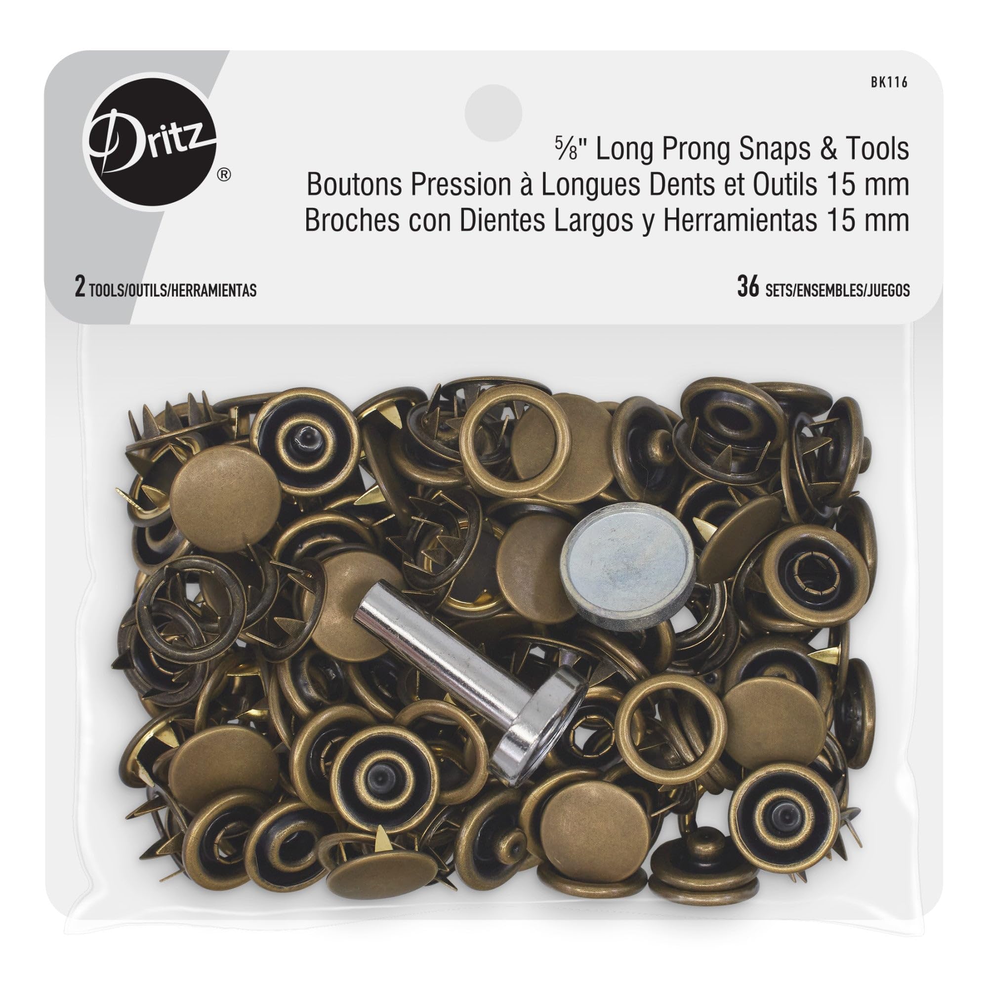 Dritz Long Prong 5/8in Antique Brass Includes Snaps & Tools Fasteners, 5/8", 36 Sets