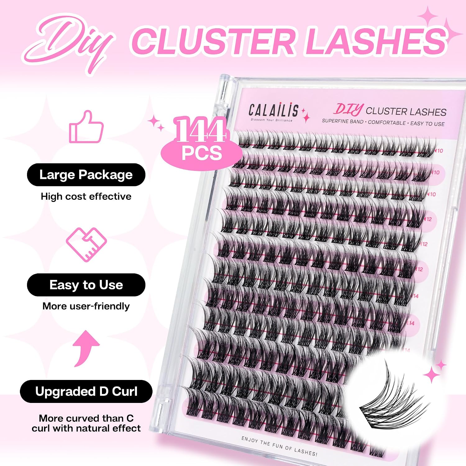 Wimpern Einzeln CALAILIS 144 Pcs DIY Cluster Wimpern D Curl Individuelle Wimpern Extensions Wimpernverlängerung Volume Wimpernbüschel Wimpern zu Hause (HD17-1,10-16MIX) image 5