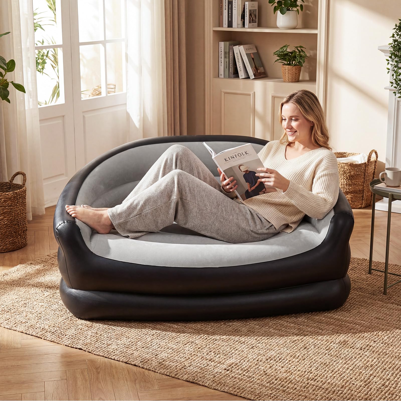 COSTWAY Sofá Inflable para 2 Personas, Sofá Hinchable Doble Portátil y Plegable con Superficie Flocada, Reposabrazos, Sillón Inflable para Exterior, Interior, Camping, Viajes, Sin Bomba