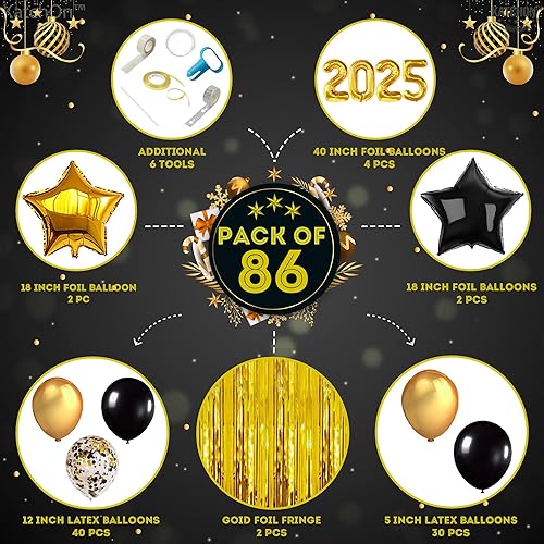 Miniatura 2 de KatchOn, Suministros para fiesta de Año Nuevo 2025 – Juego enorme, paquete de 86 | Kit de arco de globos negro y dorado 2025 con telón de fondo de