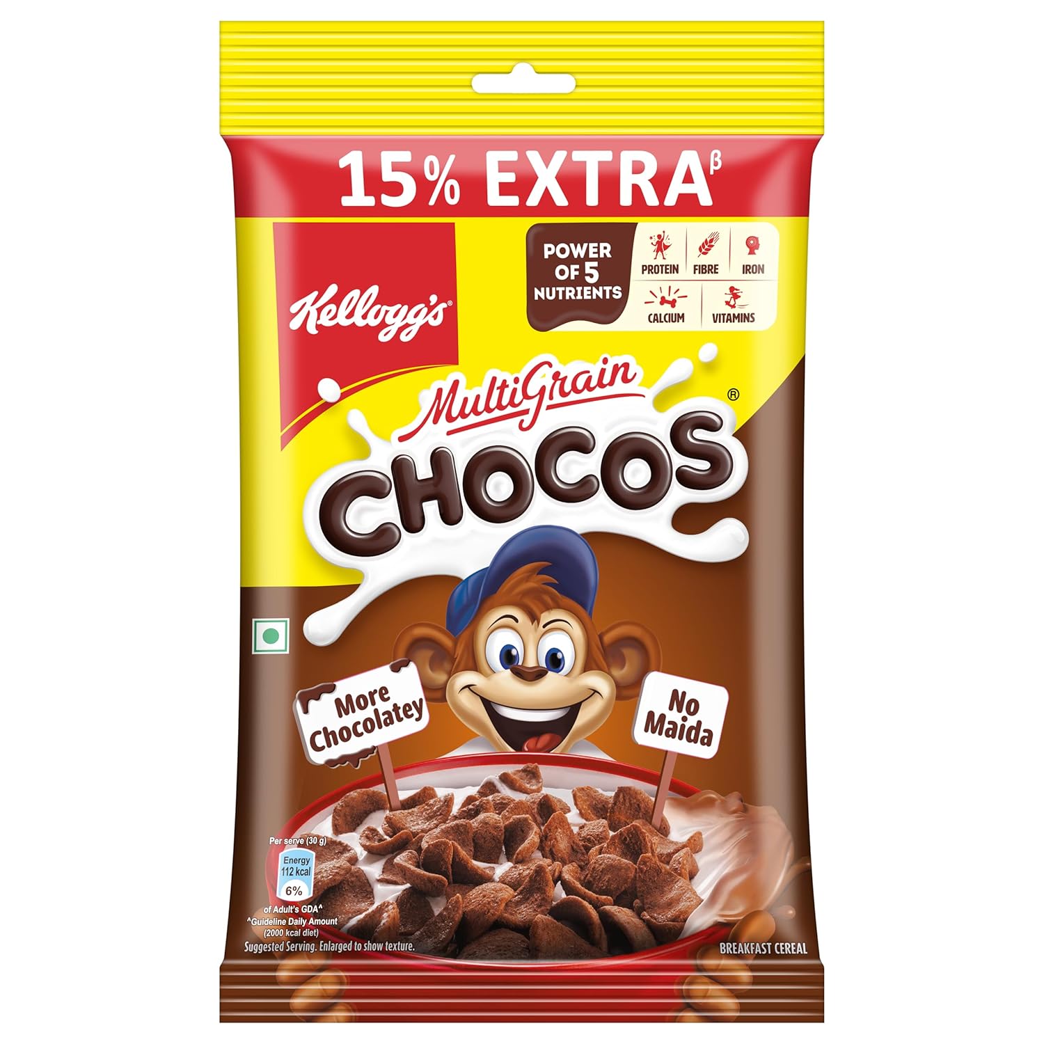 Kellogg's New Multigrain Chocos, 127G | Multigrain Energy, More Chocolatey | No-maida | Power Of 5 Nutrients Protein, Fibre, Iron, Calcium, Vitamins | Kids Breakfast Cereal