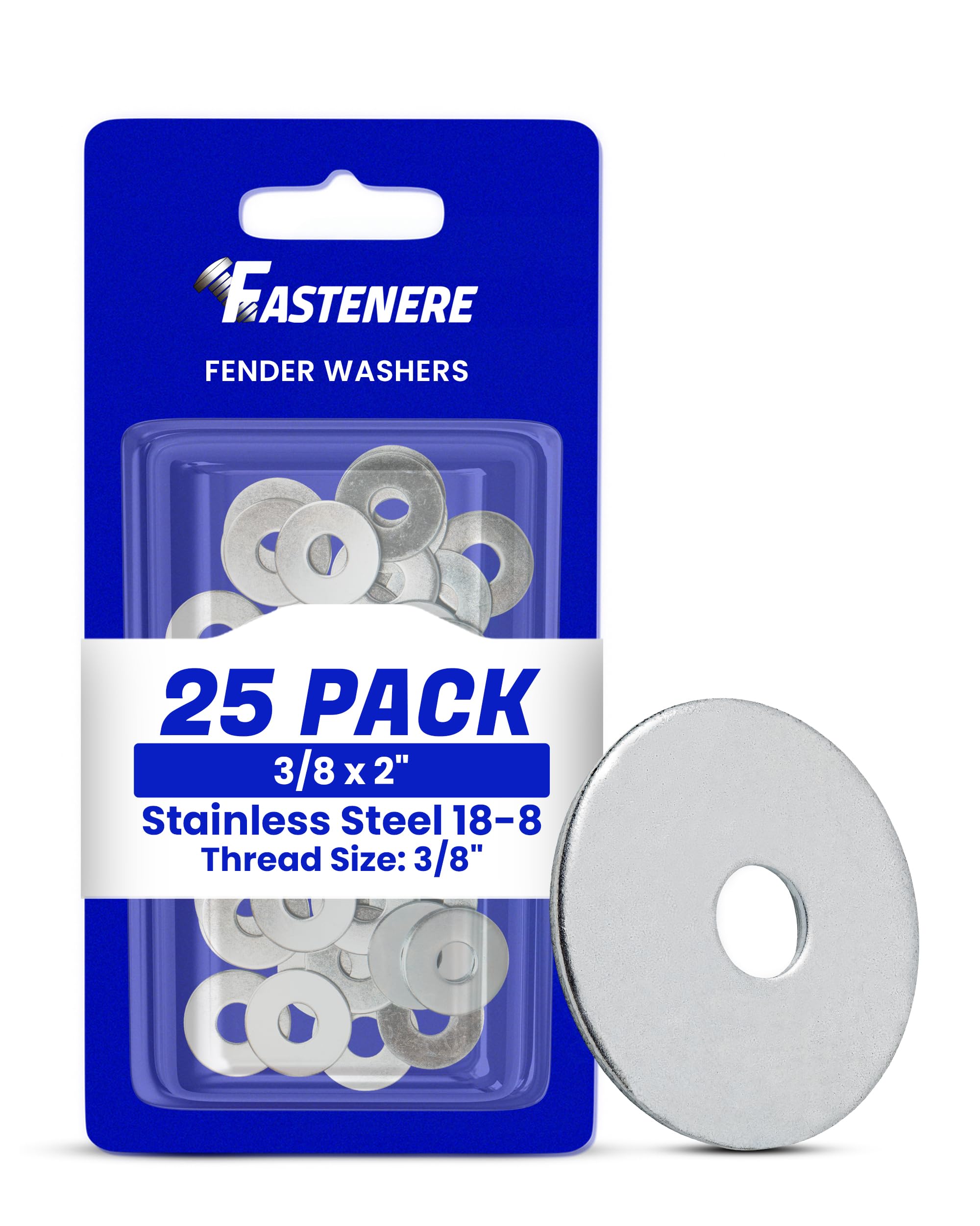 Fastenere Fender Washers 3/8 x 2 (25 Pack), Large Diameter, 18-8 Stainless Steel Plain Finish, Corrosion Resistant, High Tensile Strength Metal