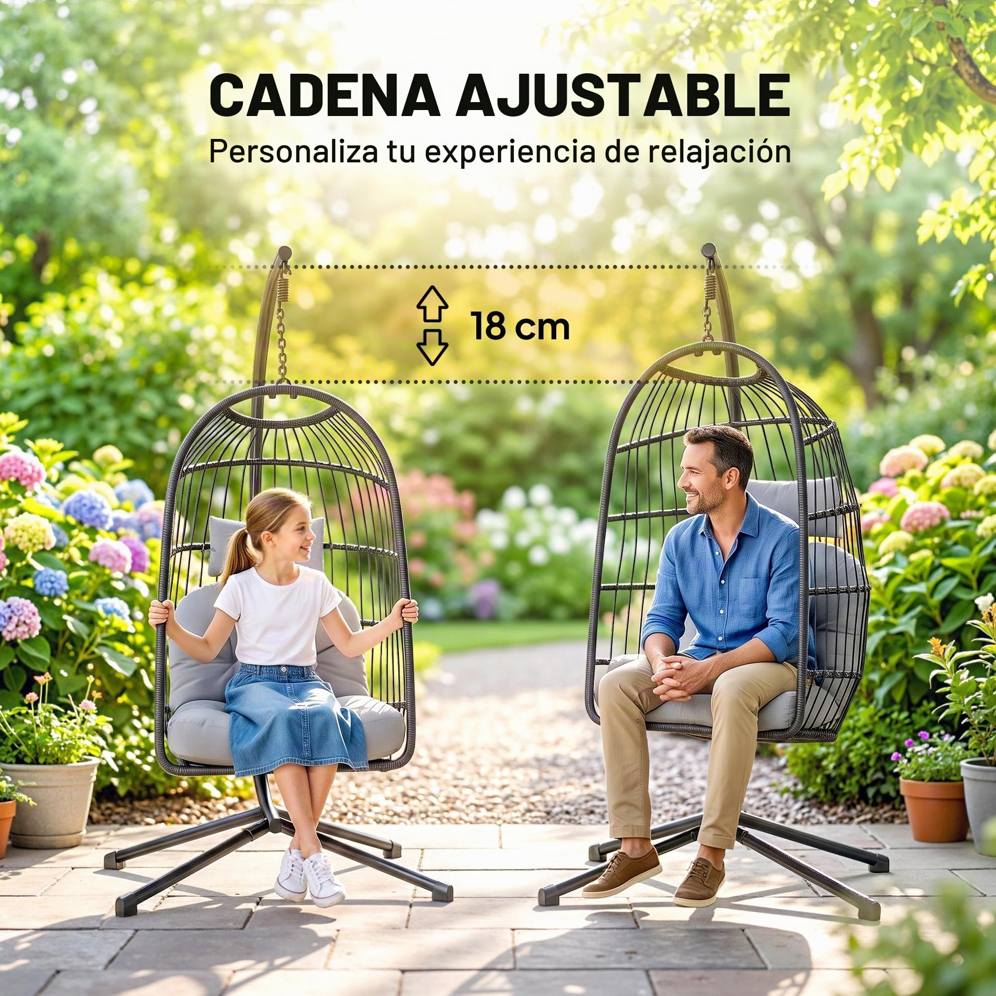 Outsunny Silla Colgante Huevo con Soporte Cesta Plegable Ratán Gris Claro | Columpio Jardín Exterior, Cojín Grueso, Reposacabezas, Altura Ajustable, Estructura Metálica, para Interior y Exterior