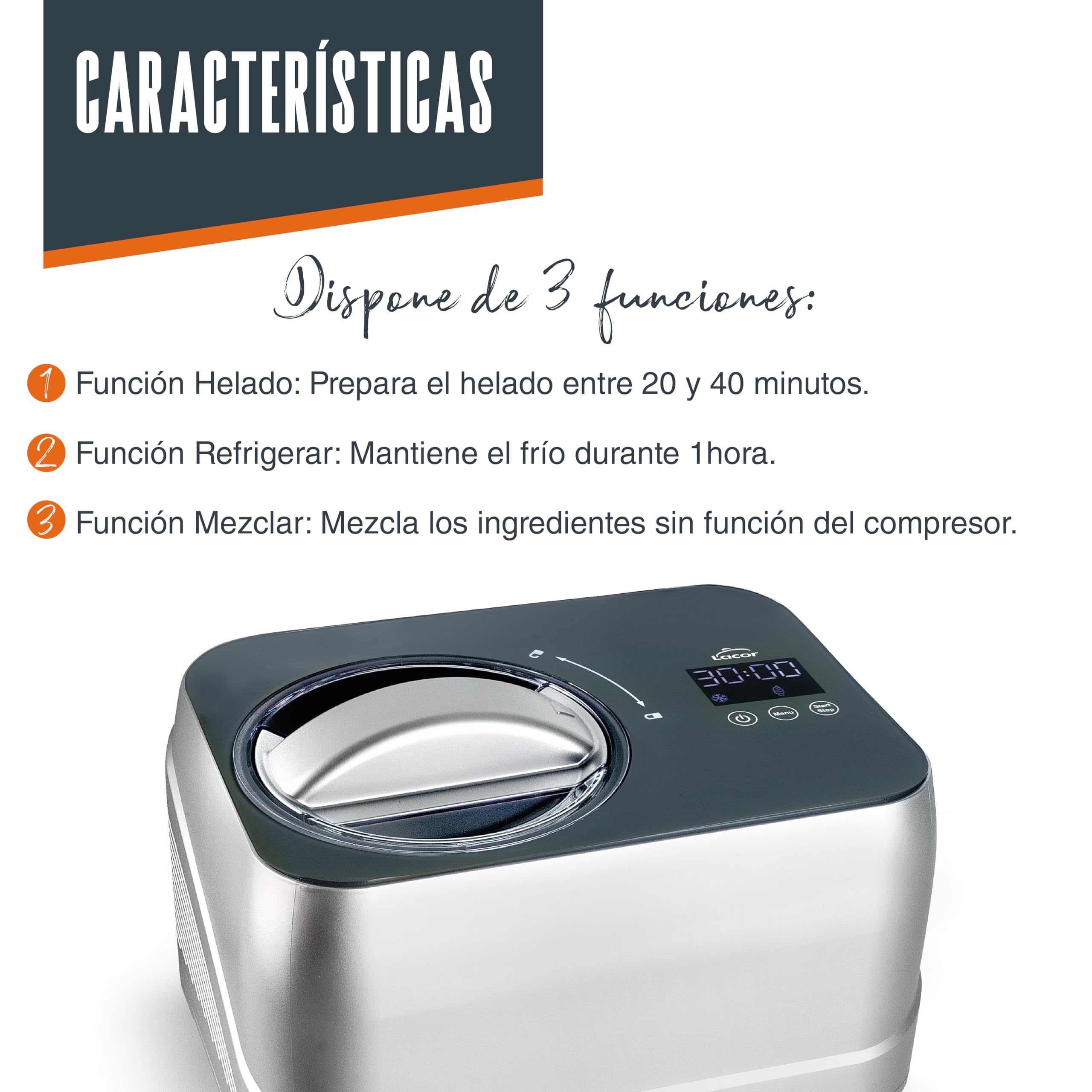 Lacor 69416 - Máquina de Helado, 1 L, 100 W, con Compresor - Cocina