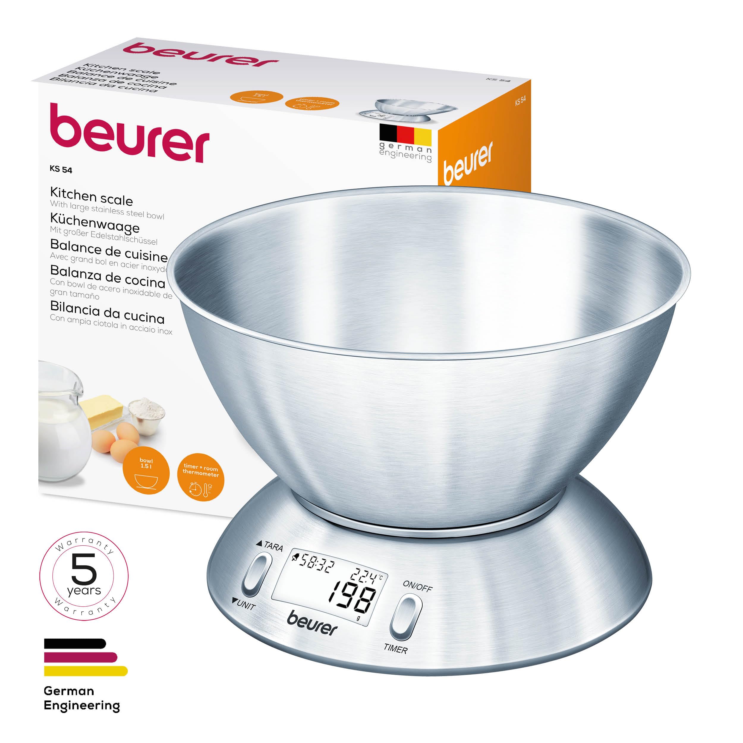 Beurer KS 54 Küchenwaage, mit Edelstahlschüssel, 1,5l Fassungsvermögen, Tragkraft bis 5kg, Haushaltswaage, Schüssel spülmaschinengeeignet, Waage zum Kochen, Backen und Messen von Zutaten