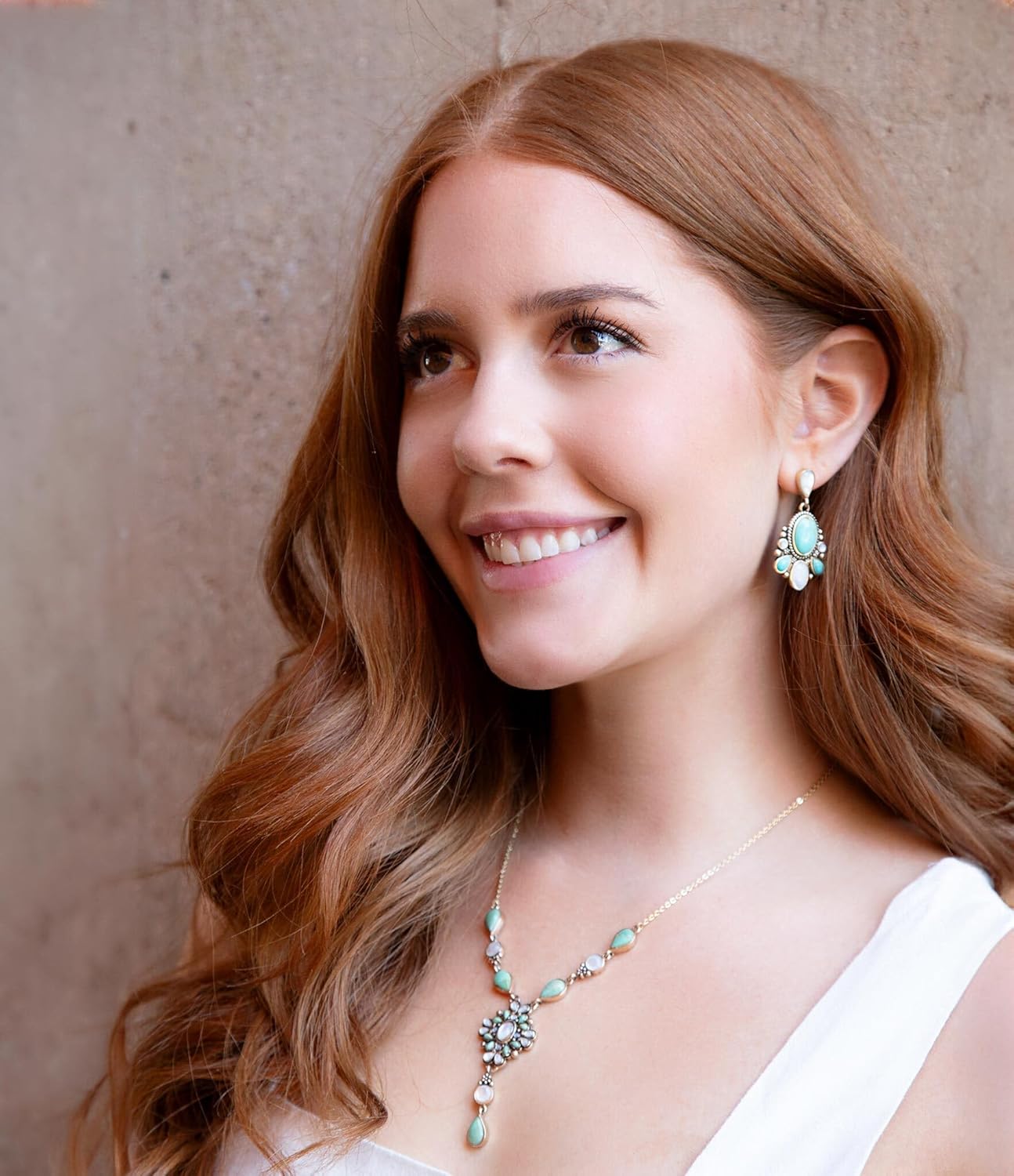 Barse Jewelry White Mother of Pearl and Blue Turquoise Golden Barcelona Y-Necklace