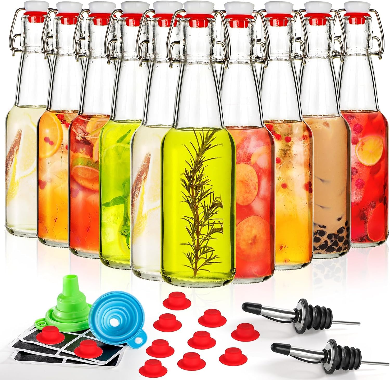 Jucoan 10 Pack 250ml Clear Swing Top Glass Bottles, Glass Beer Bottles with Flip Top Stopper Airtight Lid for Brewing Kombucha, Juices, Wine, Beverage, Soda, Oil, Vinegar