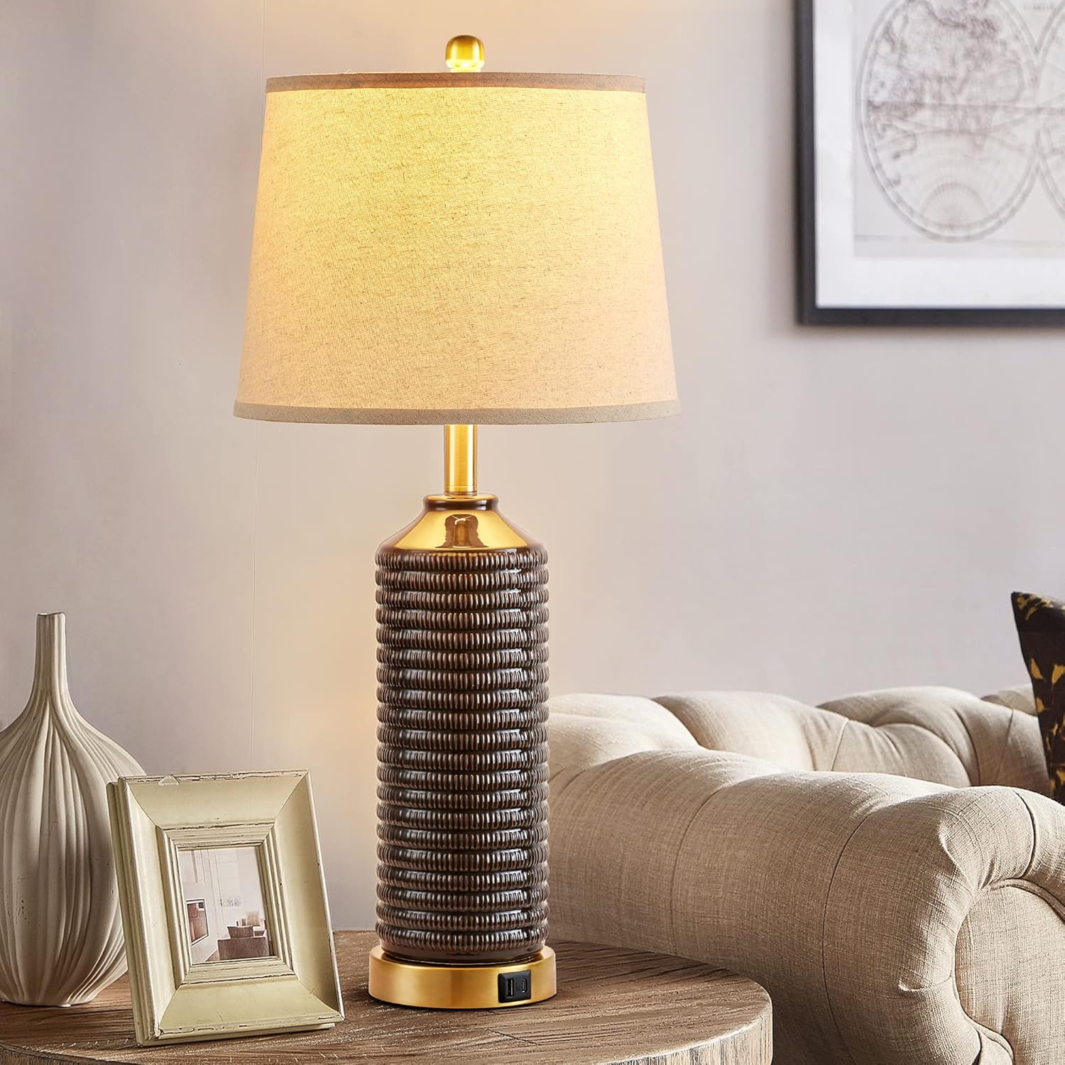 Farmhouse Table Lamps for Bedrooms Set of 2, 28" Ceramic Table Lamp for Living Room with Brown Finish, 3-Way Dimmable Touch Control Nightstand Lamp with Linen Drum Shade (Bulbs Included)