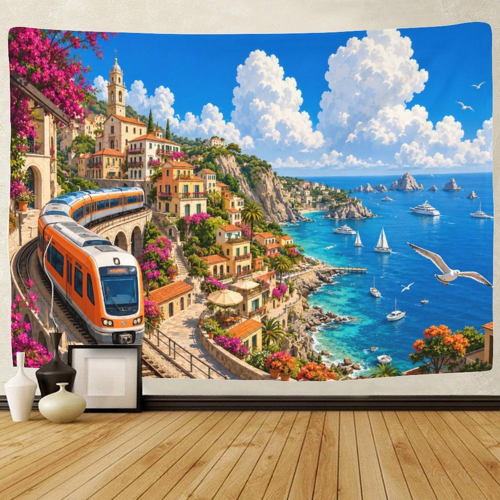 GPMNBCXZK Amalfi Coast Train Wall Art Decor 3D Print Tapestry Wall Hanging Decor Tapestries Home Decoration Curtain Living Room College Dorm 150cmx200cm