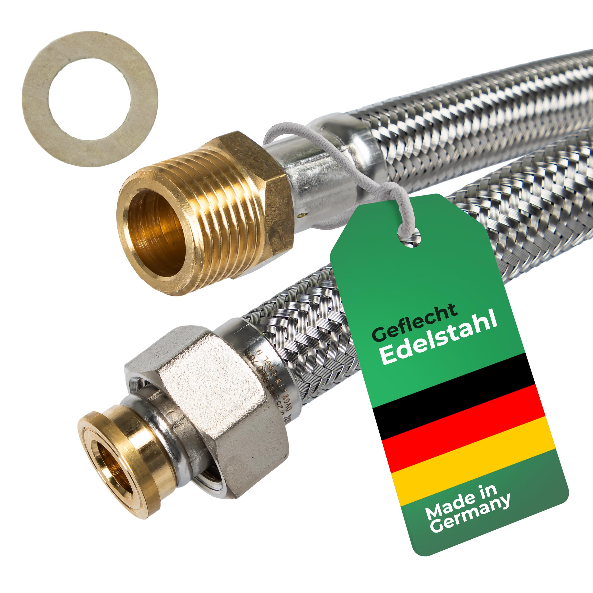 Tuyau blindé et flexible de 1/2" ÜM x 1/2" AG DN13 - Pour sanitaire avec homologation pour l'eau potable.