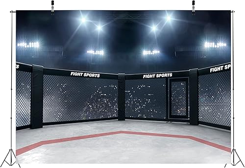 Miniatura 4 de BELECO Telón de fondo de boxeo de tela de 9 x 6 pies, luz de estadio, arena de boxeo 3D, telón de fondo para fotos, lucha y competición deportiva,