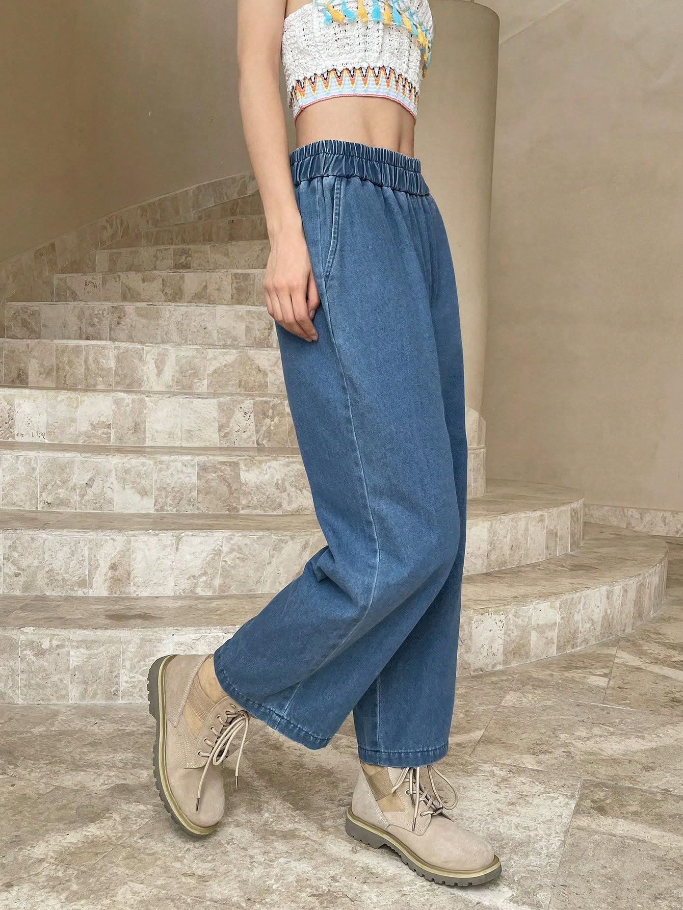 Shasmi Jeans in cotone per ragazze donne elastico in vita ritagliato dritto alla caviglia gamba larga casual vestibilità ampia jeans da donna (jeans 239)