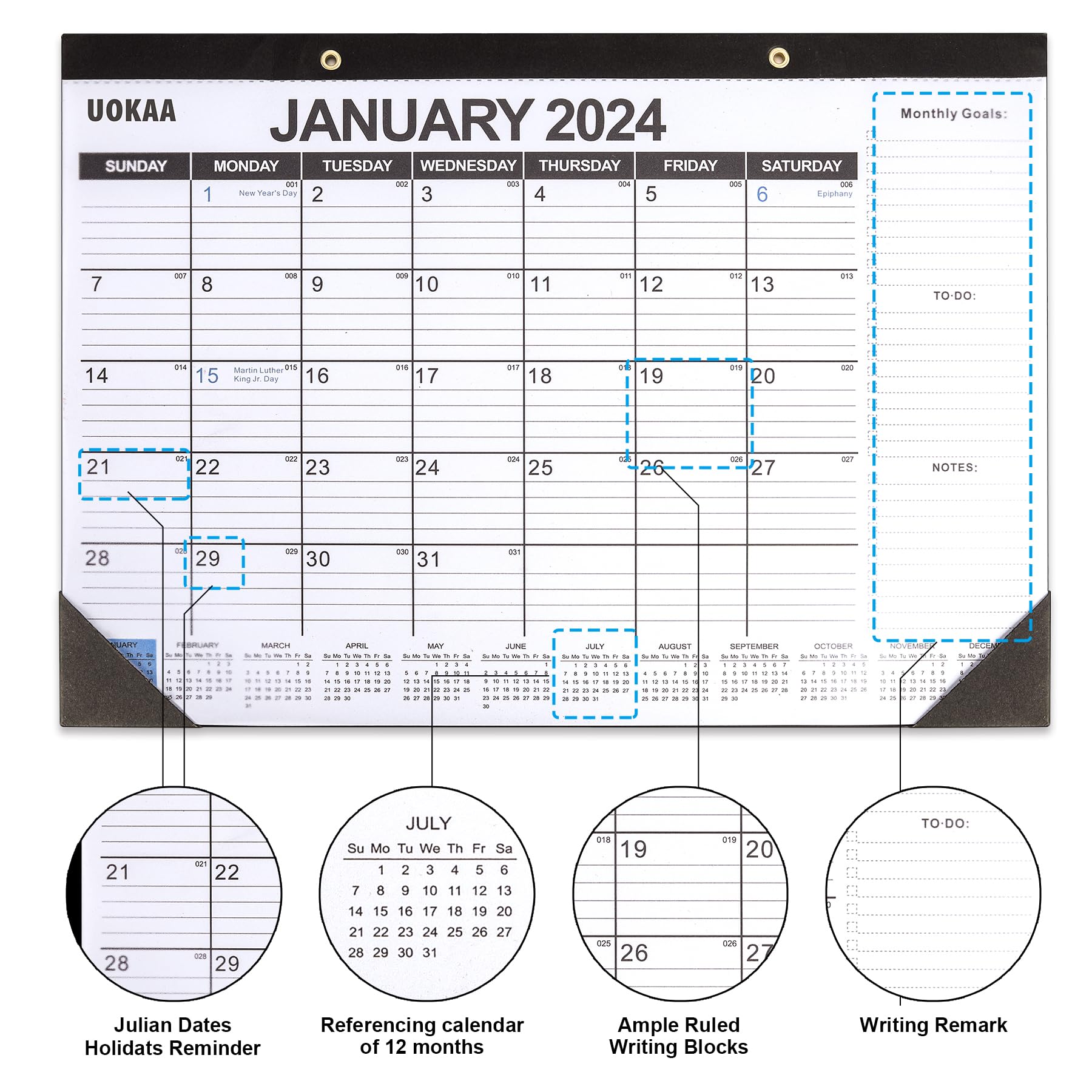 Calendario académico grande de escritorio 2024-2025, almohadilla de escritorio de 24 meses, 17 x 12 pulgadas, enero de 2024 a diciembre de 2025, calendario de pared de escritorio con grandes