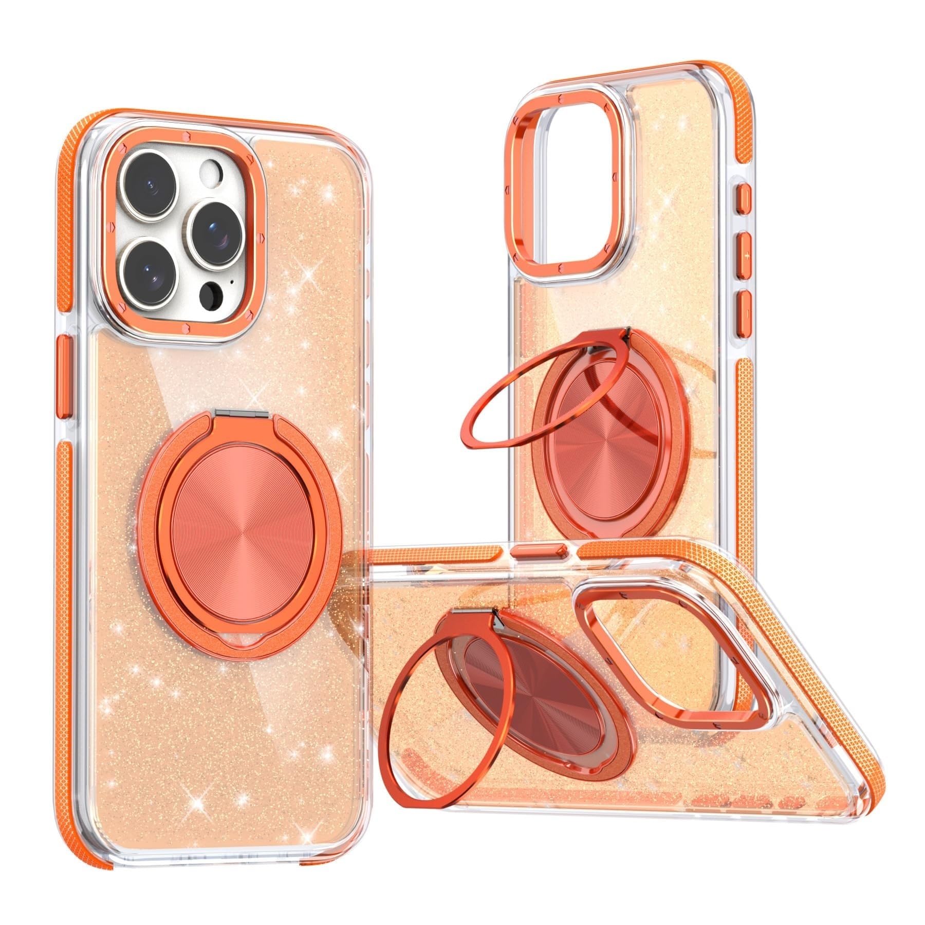 Trasparente Sottile Custodia per iPhone 16 PRO Max/16 Pro/16, Posteriore Magnetica Glitterata Cover con Supporto Rotante Custodia Protettiva for Ricarica Wireless Custodia(Orange,16)