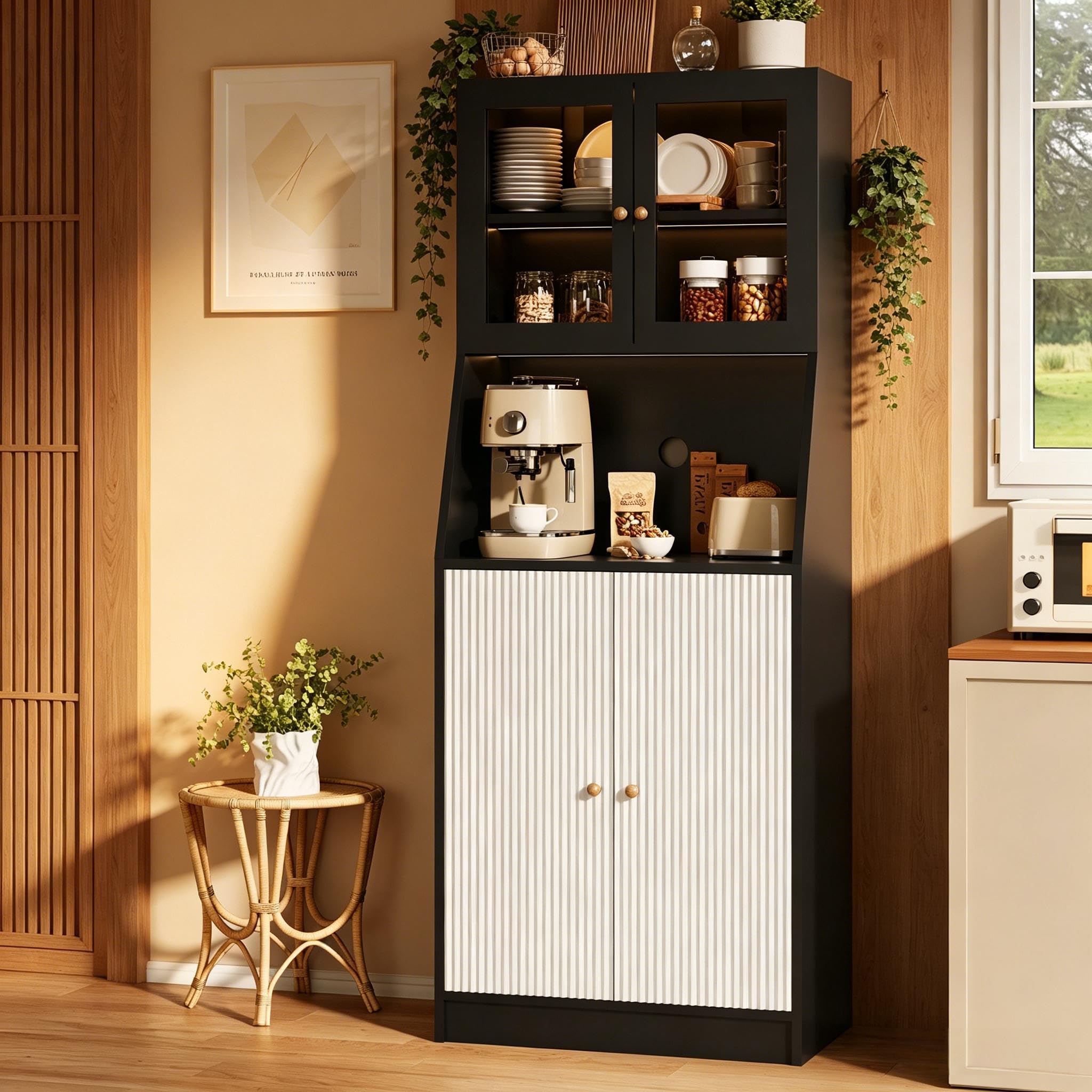 Credenza alta cucina con LED, mobile da cucina con piano di lavoro, armadio da cucina con ripiani regolabili e armadi, credenze, vetrina per sala da pranzo (nero)