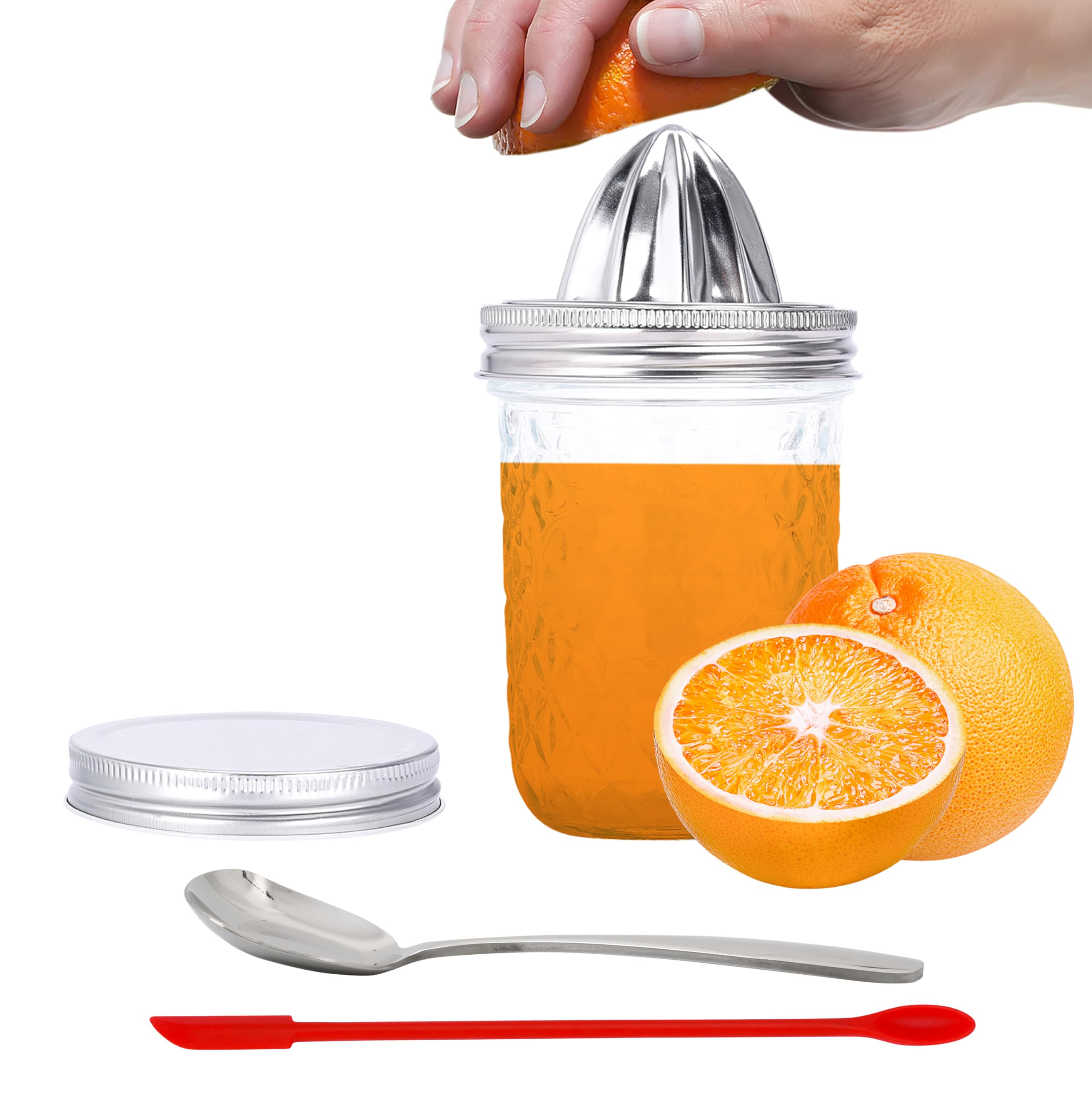 Nourished EssentialsLemon/Orange Squeezer Set - 5-Piece Kit with Mason Jar, Lid, Presser Lid, Spoon, and Scraper for Juicing and Storing - Effortless for Fresh Orange and Lemon Delights!