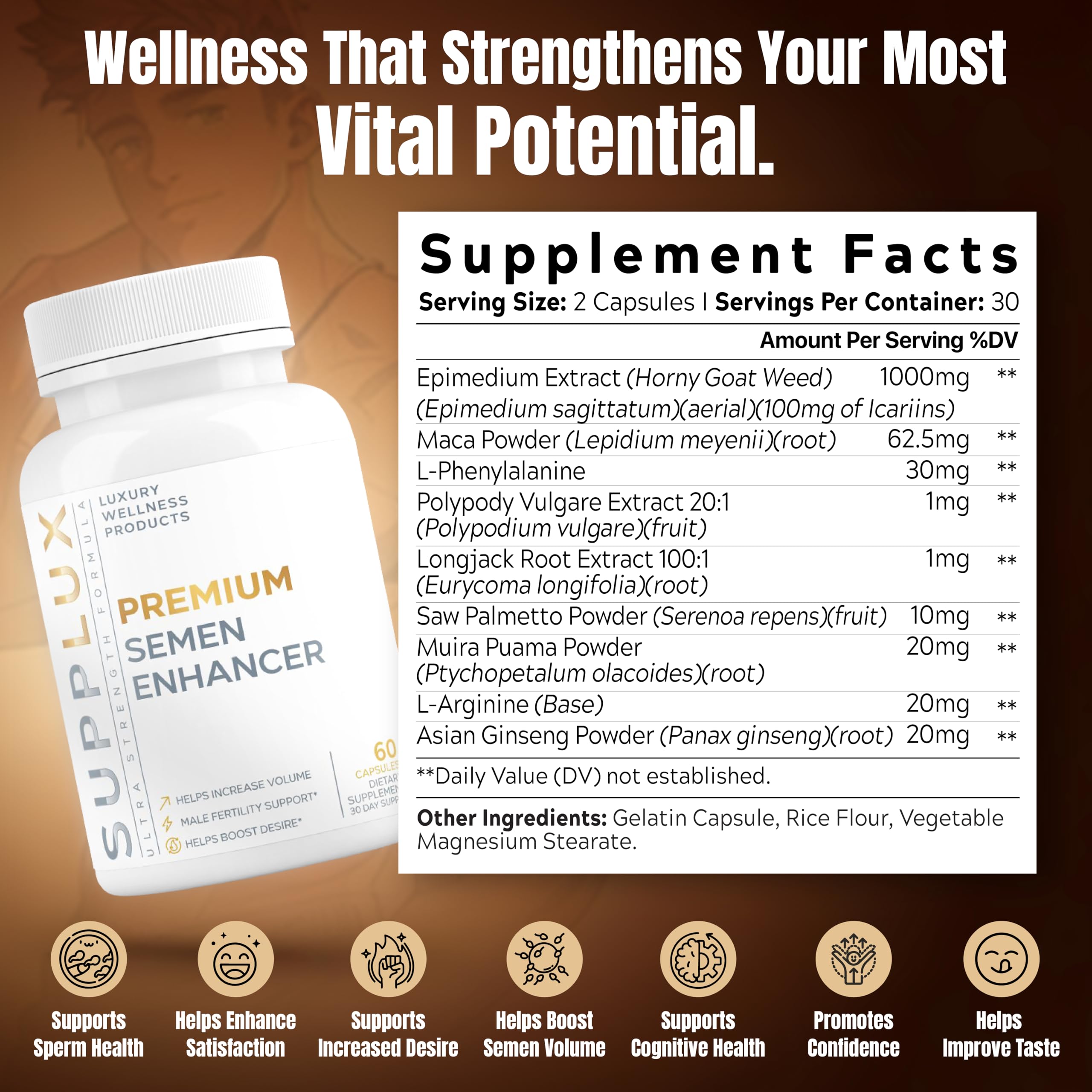 Semen Fertility Enhancer for Men - Help Amplify Semen & Overall Health - Assists T-Levels for Male Vitality, Blood Flow Support & Performance - 3rd Party Tested Supplement - 60 Capsules — Amazon image 2