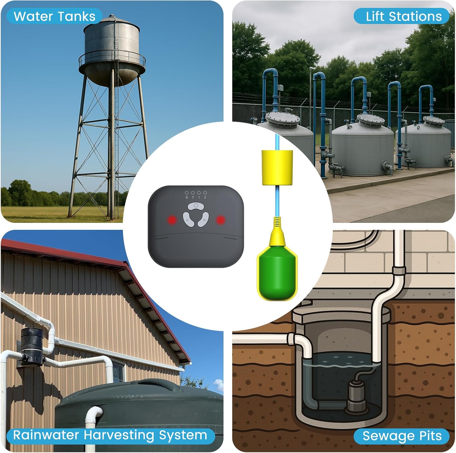 WiFi Sump Pump Alarm with Backup Battery, Smart High/Low Water Level Monitor with Phone Alerts, 10Ft Float Switch, IP44 Splash-Proof,110dB Loud Siren for Septic Tank, Basement and Cistern