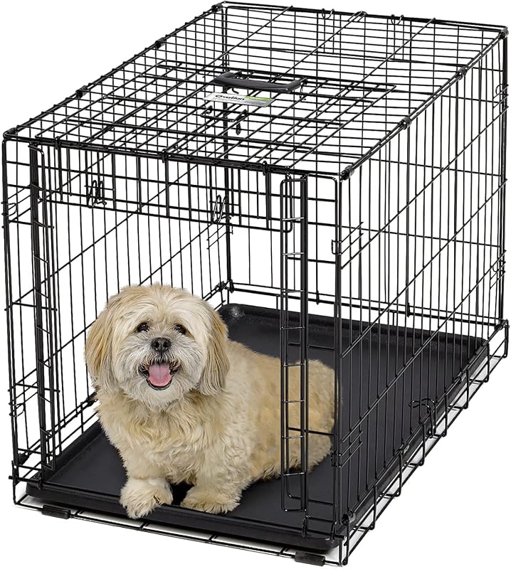 MidWest Homes for Pets Jaula para perros plegable de una sola puerta, tamaño mediano Ovation, 30 pulgadas, puerta arriba y afuera patentada que ahorra espacio, bandeja a prueba de fugas, panel divisor, negro