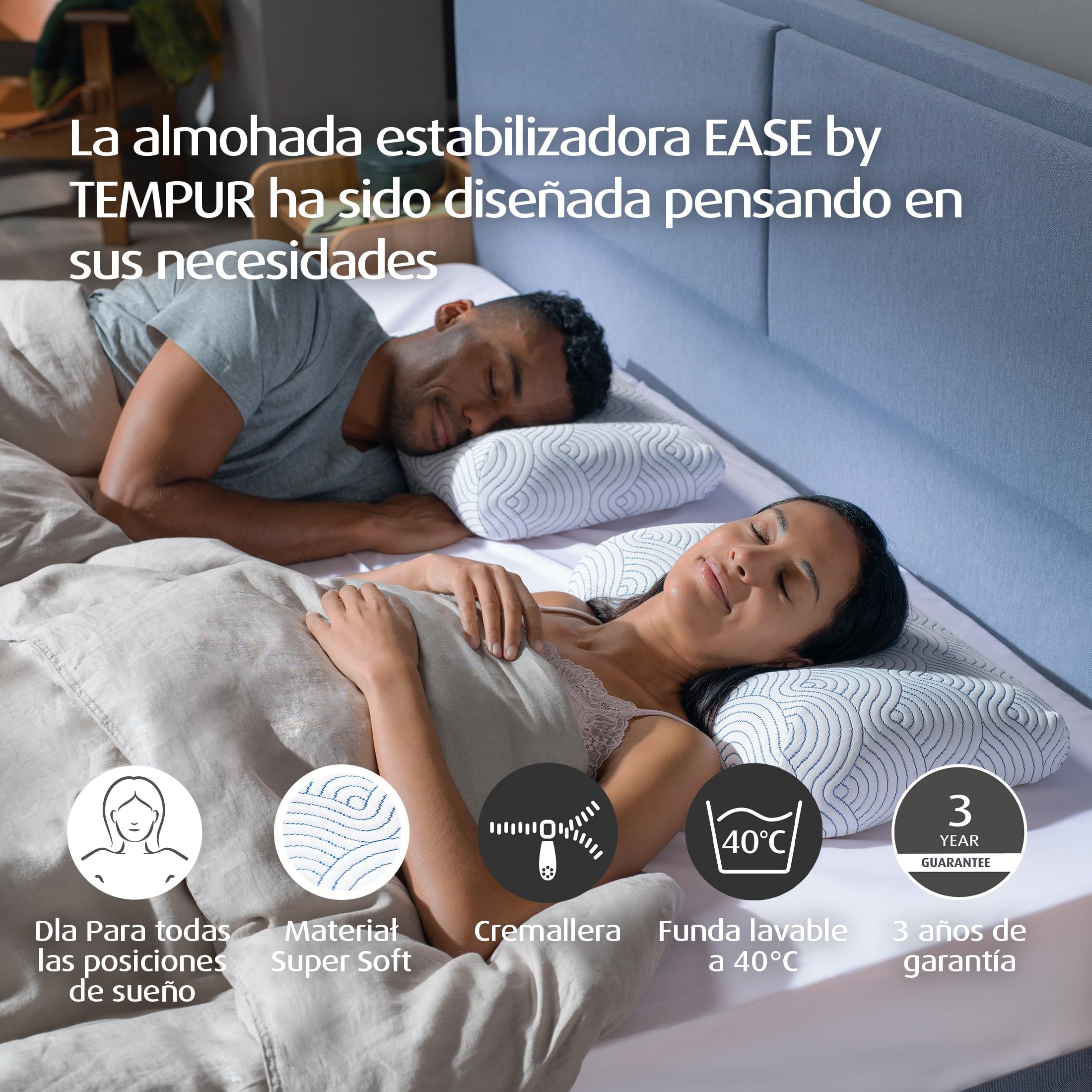 TEMPUR Almohada Ease, sensación Firme, 50 x 31 x 10/5 cm | Almohada cervical ergonómica TEMPUR de espuma viscoelástica compatible con todas las posiciones de descanso.