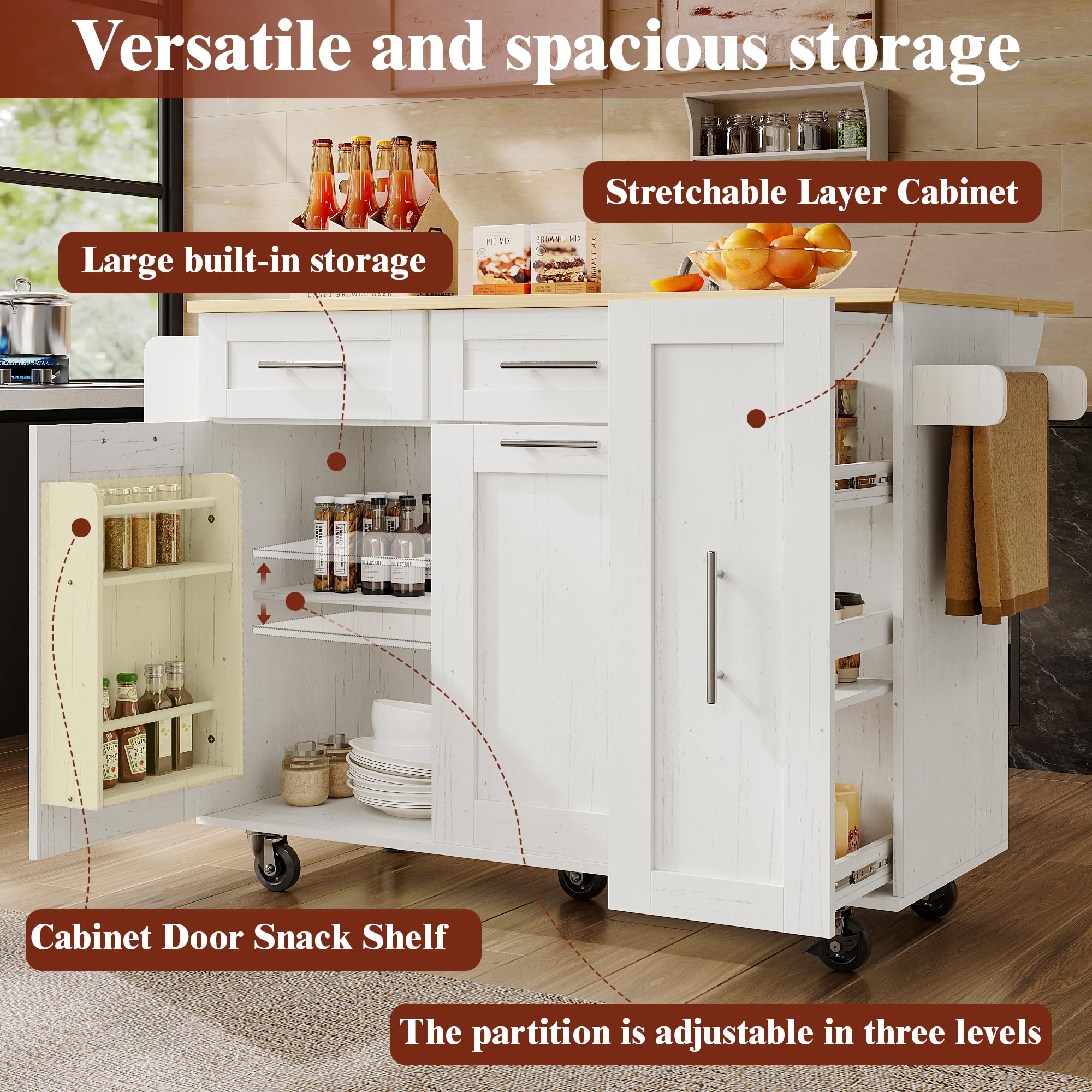 Kitchen Island on Wheels, Rolling Kitchen Storage Trolley with Foldable Tabletop - Image 4