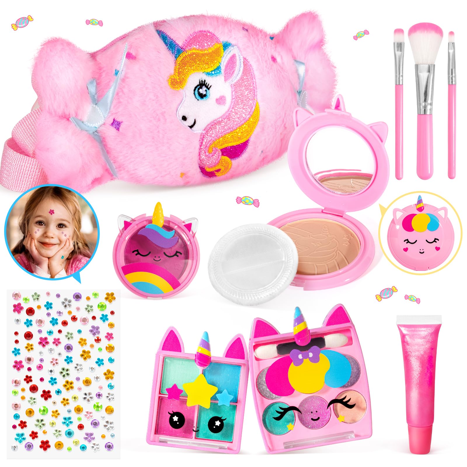 ULOVEME Kids Real Makeup Kit for Little Girls - Real, Non Toxic, Washable Make Up Toy - Umicorn Toys Gift for 3 4 5 6 7 8 9 10 12 Years Old Girls Birthday (Candy Shaped Pink Purse)