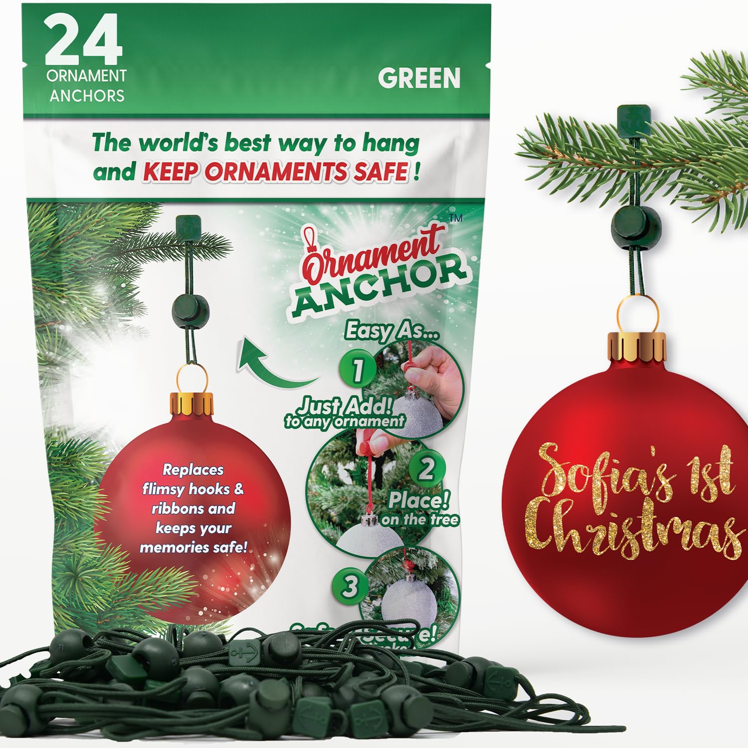 ORNAMENT ANCHOR Ornament Hooks for Hanging Christmas Decorations - No-Slip Hanging Hooks for Xmas - Heavy Duty Christmas Tree Ornaments Hanger Hooks for Small & Large Ornaments (Green, 24 Count)
