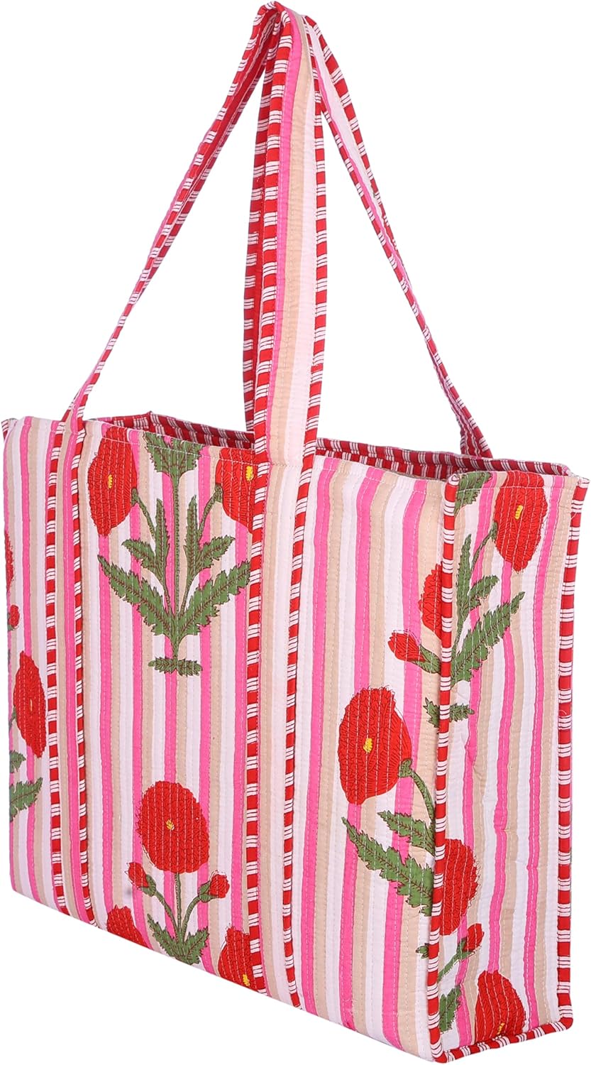 KLAVATE Women Handblock Lightweight Reversible Travel Bag Purse Cotton Shoulder Tote Bag For Shopping Valentine Gift For Her - Image 4