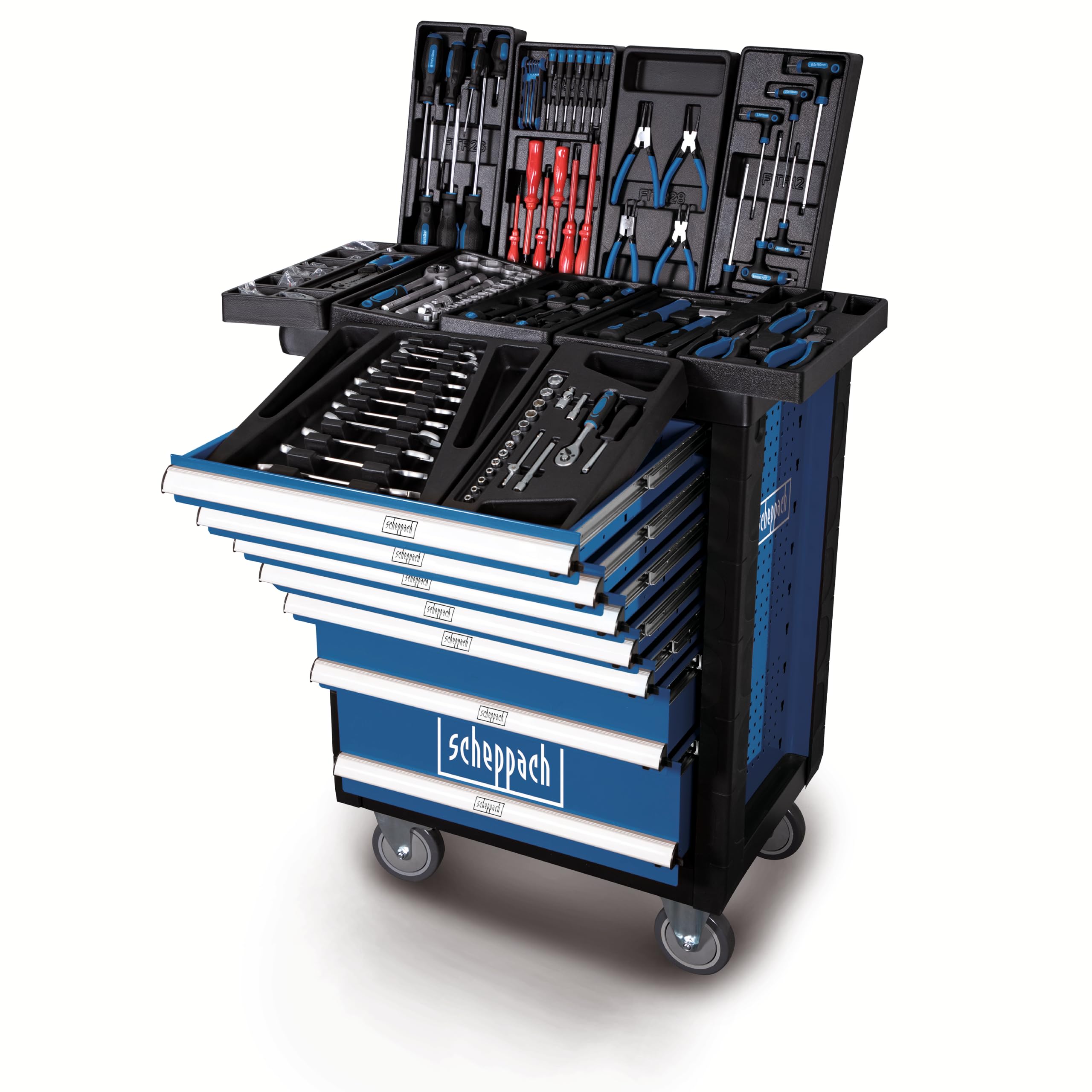 Scheppach Servante d'atelier TW1000 Set d'outils | Chariot d'outillage avec 4 roulettes | 263 pièces incluses | Verrouillable et Mobile | 7 tiroirs