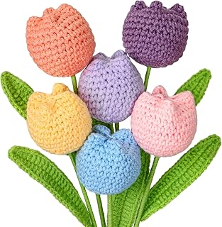 6Pcs Crochet Flowers Faux Tulips Completed Handmade Knitted Tulip Bouquet Plants Floral Gift for Mothers Women Friends Birthday Table Centerpieces Wedding Home Decor