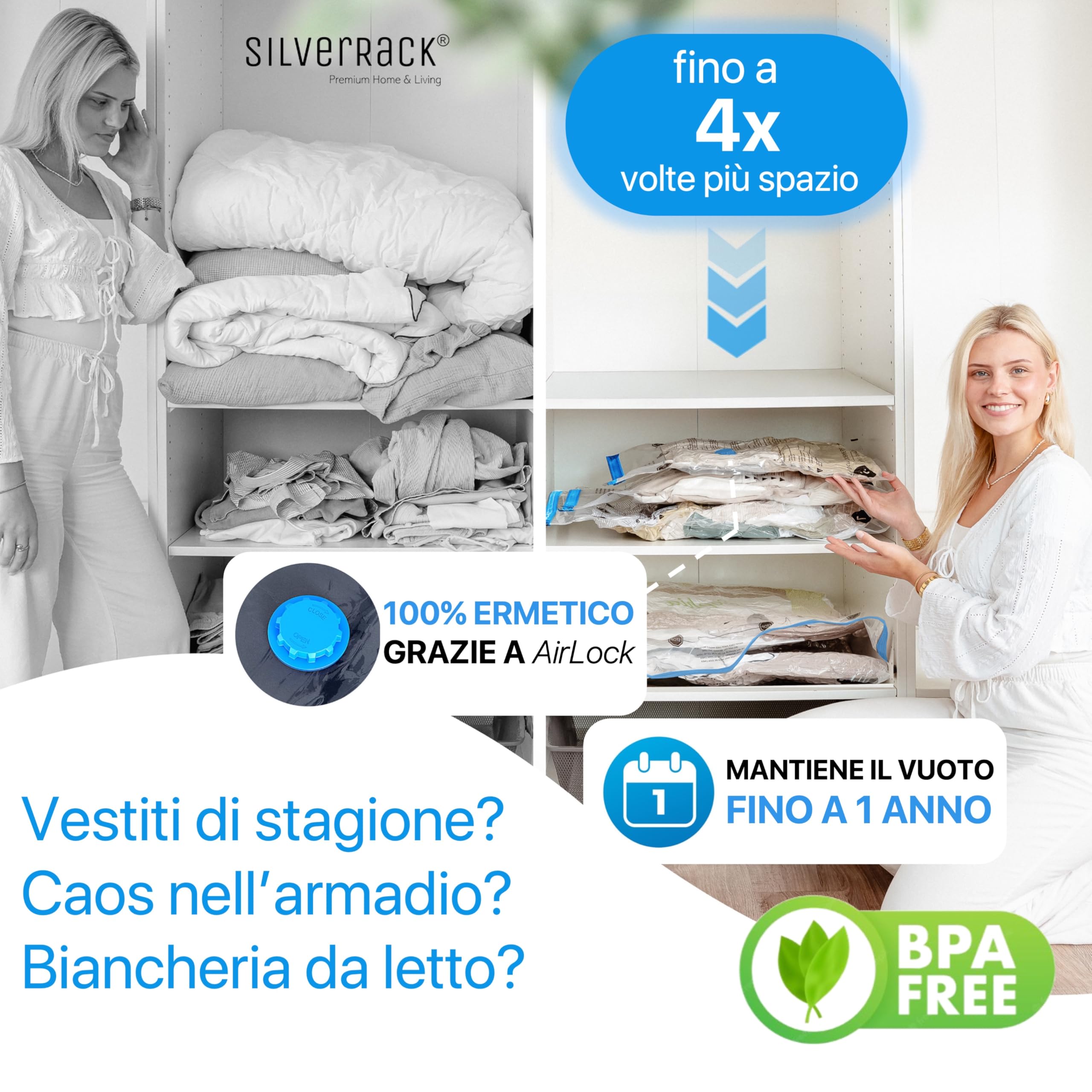 SilverRack Set di Sacchetti Sottovuoto [6 Pezzi] in 2 Misure (3x 60x80 cm / 3x 80x100 cm) - Per Abbigliamento e Piumini