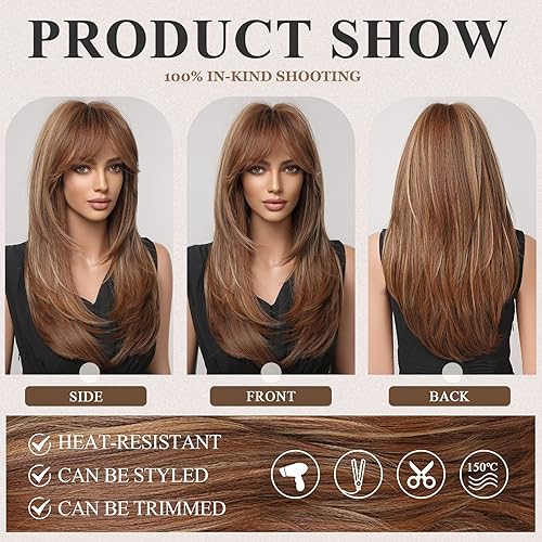 Miniatura 3 de EMMOR Pelucas marrones para mujer, pelucas largas en capas con flequillo de cortina, pelucas de fibra sintética resistentes al calor (marrón con