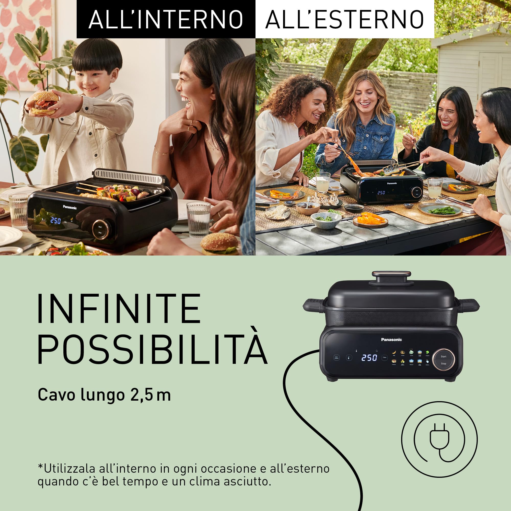 Panasonic NF-GM400 Multi-Cooker Elettrico 4 in 1, Griglia elettrica, Friggere, Cottura Lenta, BBQ, Vapore, Saltare, 1400W, 40-250°C, 9 Modalità Automatiche, Piastre lavabili in lavastoviglie