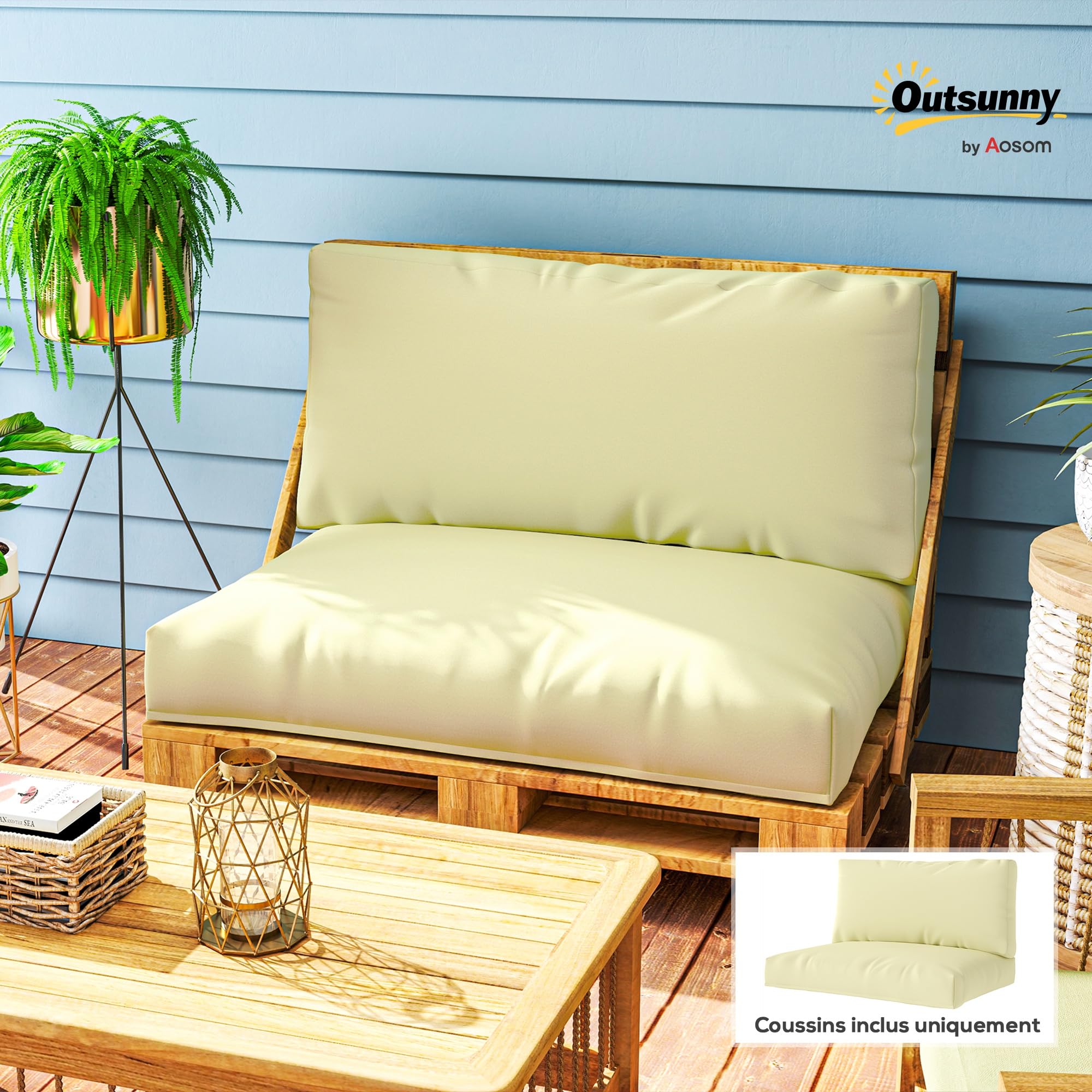 Outsunny Coussins de Palette extérieur 2 Places 2 Pièces UPF20+ Beige | Coussins de siège pour euro palette lavable, 120 x 80 cm et 120 x 45 cm, Épais de 20 cm