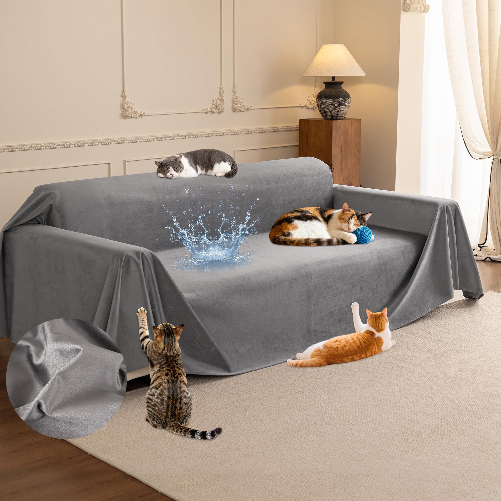 Loiion Comfortable and Soft Sofa Cover, Anti-Scratch Cover for Cats Sofa, 3 and 2 Seater Sofas, Waterproofab Sofa Cover, Non-Slip Anti-Stains, Sofa Protector Covers, Grey, 300 x 180 cm