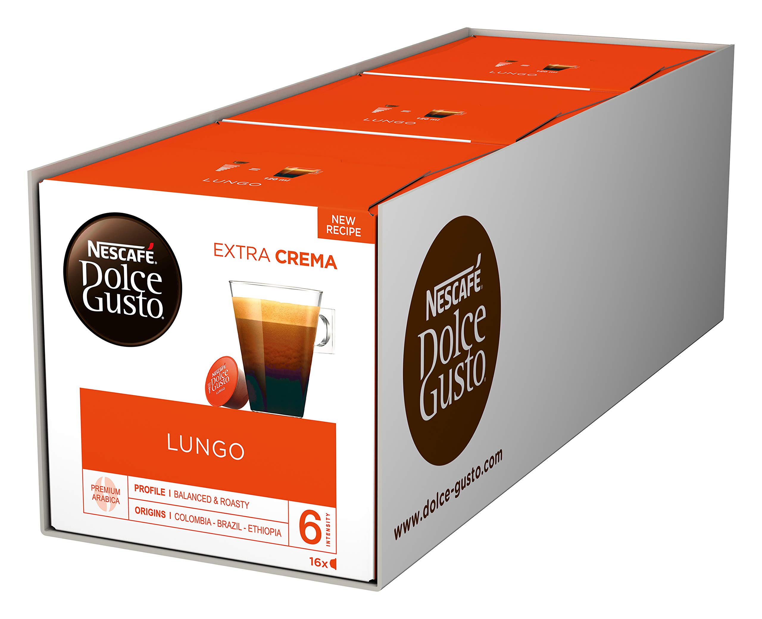 NESCAFÉ Dolce Gusto Lungo - Lote de 3 paquetes de 16 cápsulas de café (100% granos de arábica, crema fina y aroma potente, preparación rápida, cápsulas selladas con aromas)