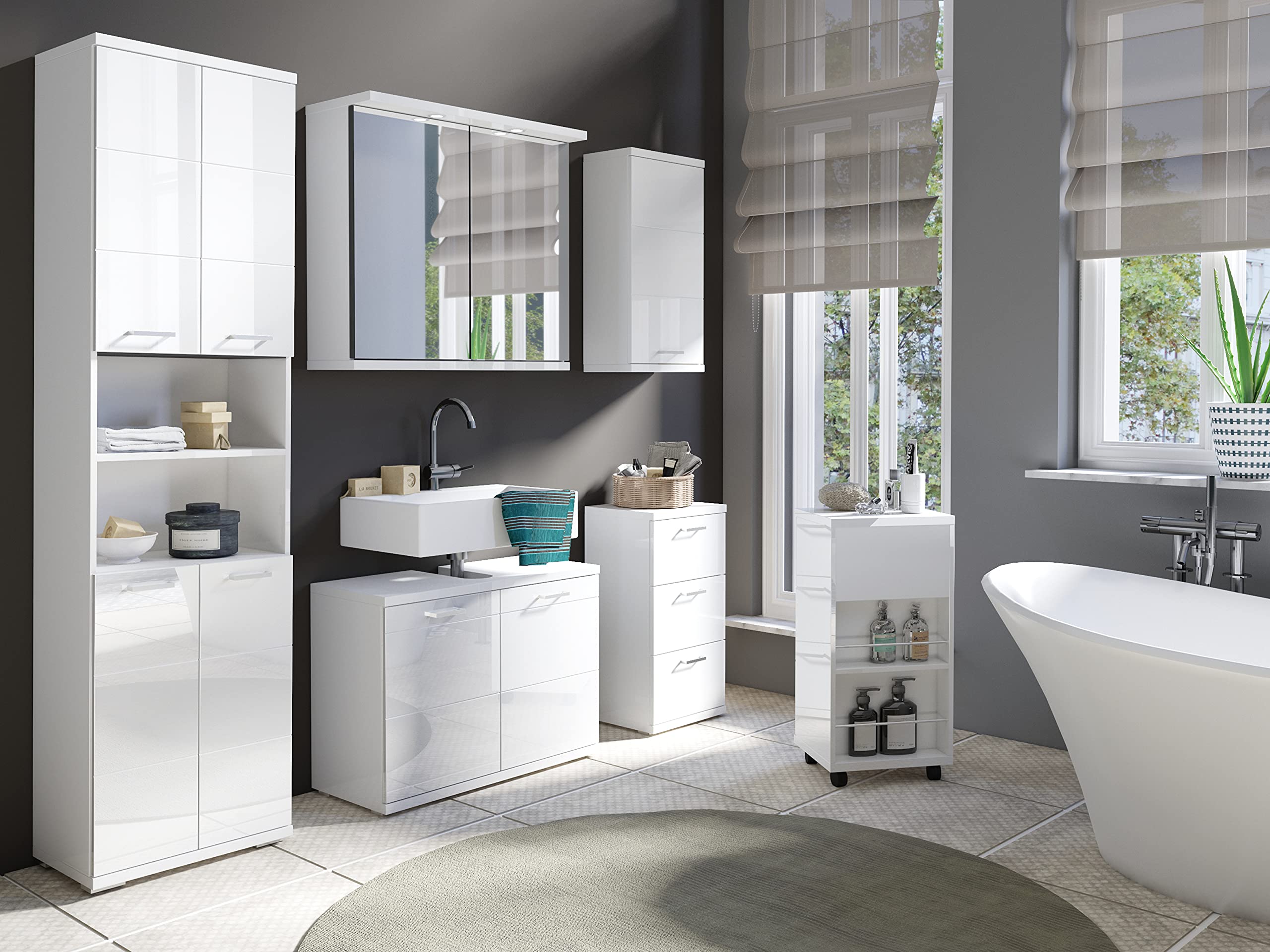 byLIVING Nebraska 02 Meuble de lavabo, Bois d'ingénierie, Blanc Mat-Blanc Brillant, B 80, H 59, T 31,5 cm