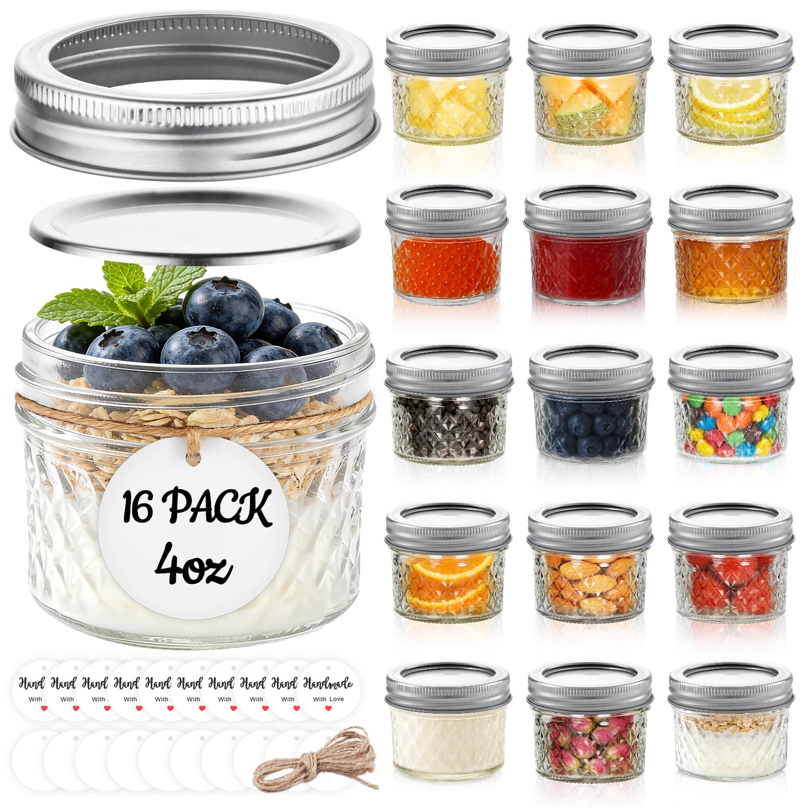 Tecohouse Mini Mason Jars 4 oz, 16 Pack Small Glass Jars with Lids 4OZ 16
