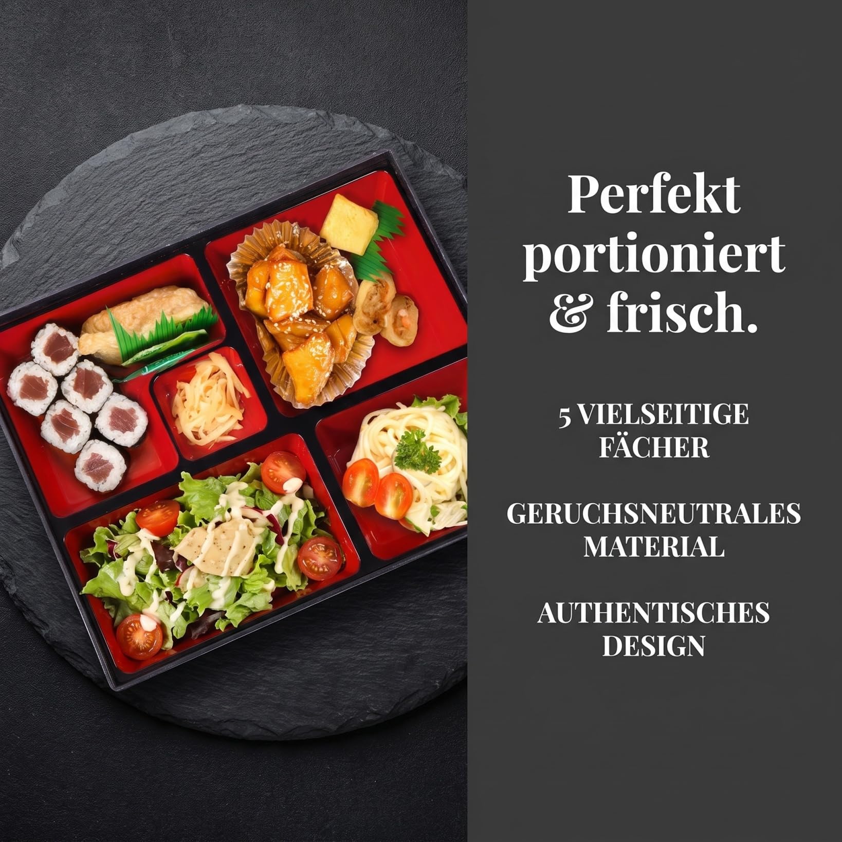 BESTonZON Japanische Bento Box Mittelgroß Mit 5 Fächern Lunchbox Aus Holzmaserung Für Büro Schule Und Reise Traditioneller Sushi Behälter 11.81X9.45X2.56 Zoll