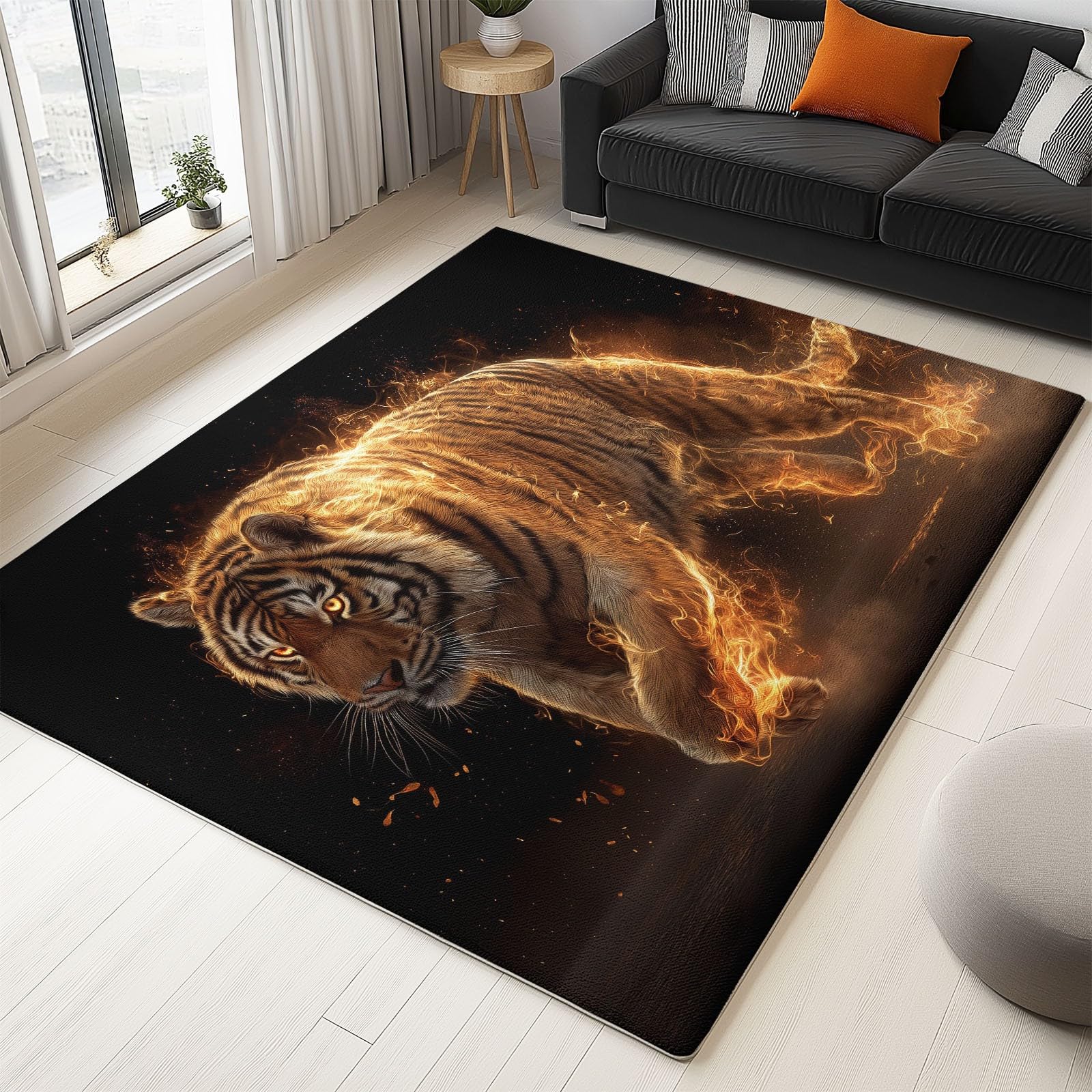 Tapis de salon moderne lavable et anti tache noir tigre