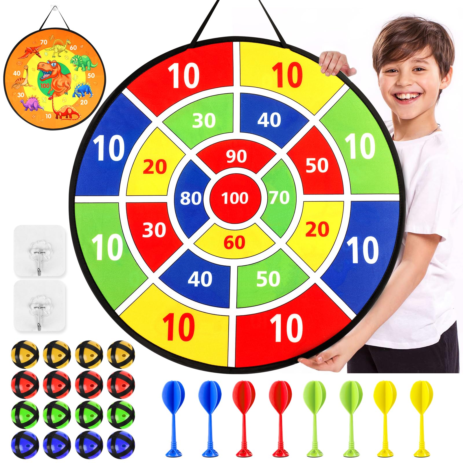 26 Inches Kids Toys Dart Board,Dinosaur Theme Double Sided with 16 Sticky Balls and 8 Darts, Safe Indoor Outdoor Sports Party Game Toys for 3 4 5 6 7 8+ Years Old Boys Girls Gift