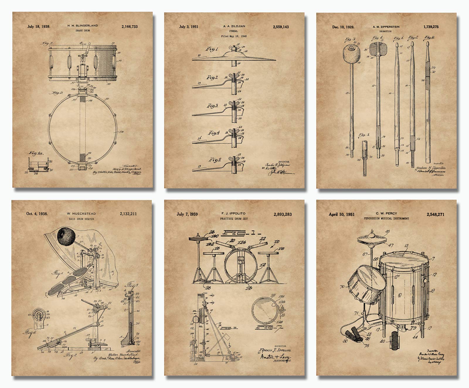 ArtCantHurtU Set of 6 Drum Patent Prints (8x10) Wall Art Drummer Gifts Room Decor Music Poster Percussionist Snare UNFRAMED
