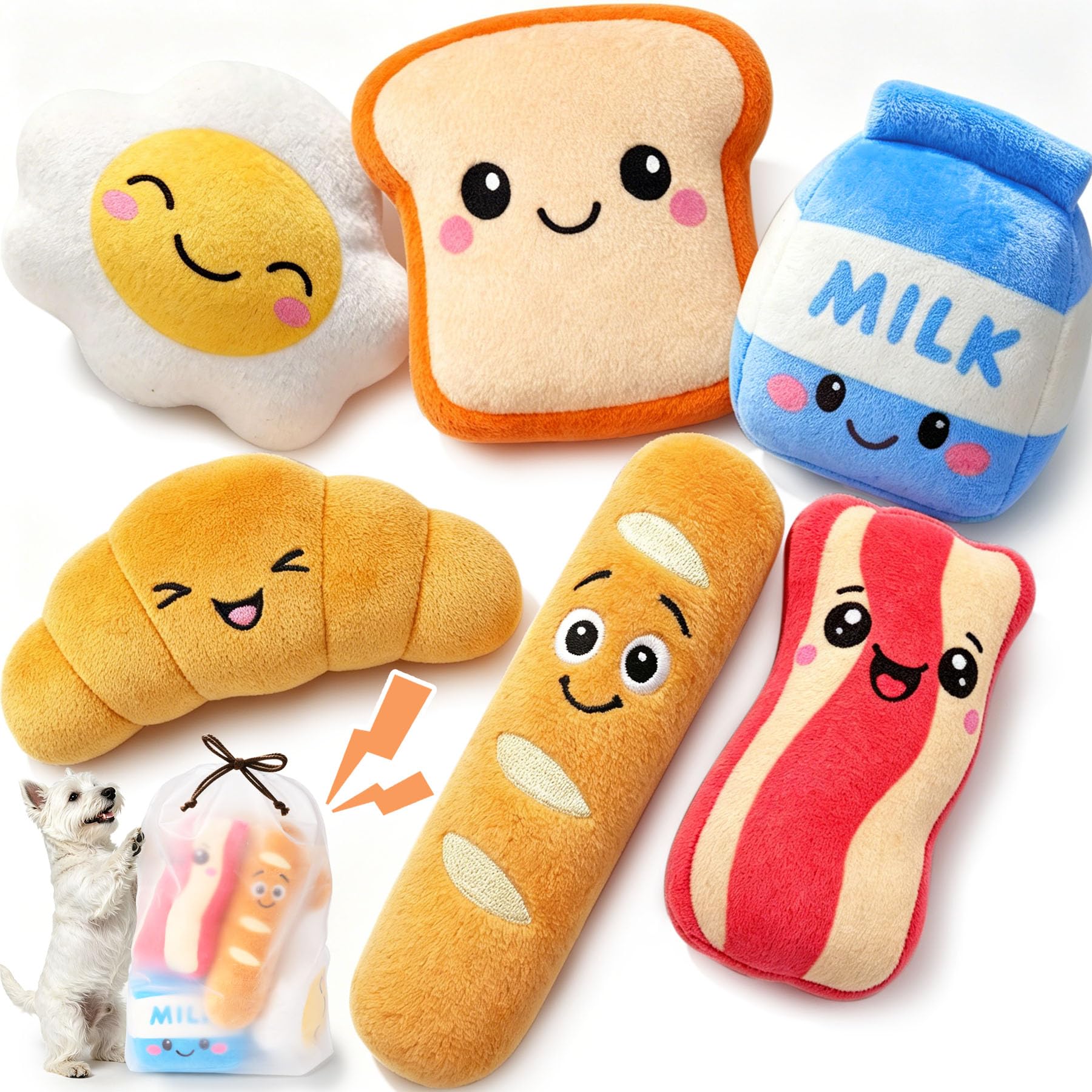 KIPRITII Breakfast Squeaky Dog Toys for Small Dogs with Storage Bag