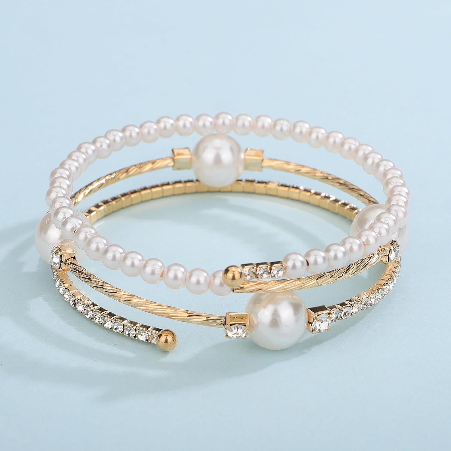 YERTTER Wedding Gold 3 Row Pearl Rhinestone Stunning Bracelet Layered Adjustable Stretch Wrap Cuff Bridals Crystal Strand Bracelet Gift for Women Brides (Gold 4) - Image 4