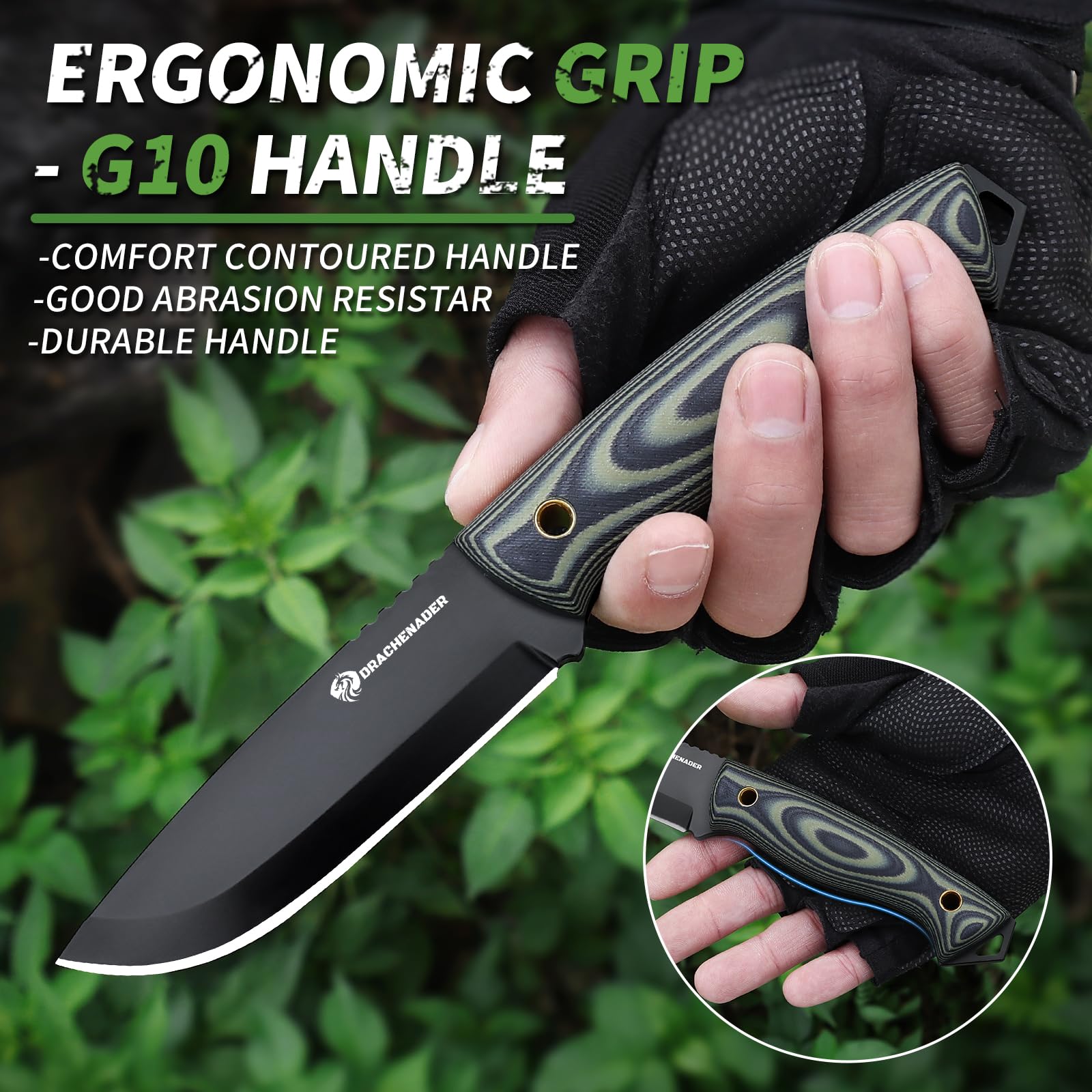 DRACHENADER Cuchillo de Supervivencia AQUILA-X, hoja 10,7 cm, Full Tang, acero inoxidable D2, con funda Kydex para cinturón, hoja negra y mango G10 verde