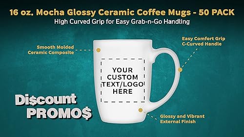 Miniatura 3 de DISCOUNT PROMOS Juego de 50 tazas de café grandes de cerámica moca brillante, 16 onzas, texto personalizable, logotipo, gres, suave, duradero, mango