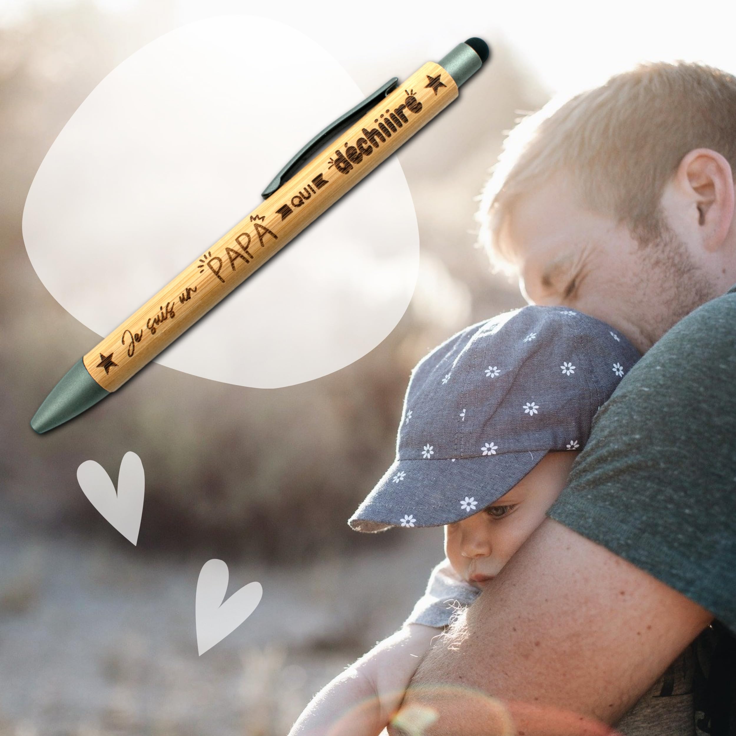 Penna Tattile In Bambù Incisa "Papi Je T'aime" - Regalo Originale Per Papà E Nonno - Compleanno, Festa Del Papà, Nascita - 4