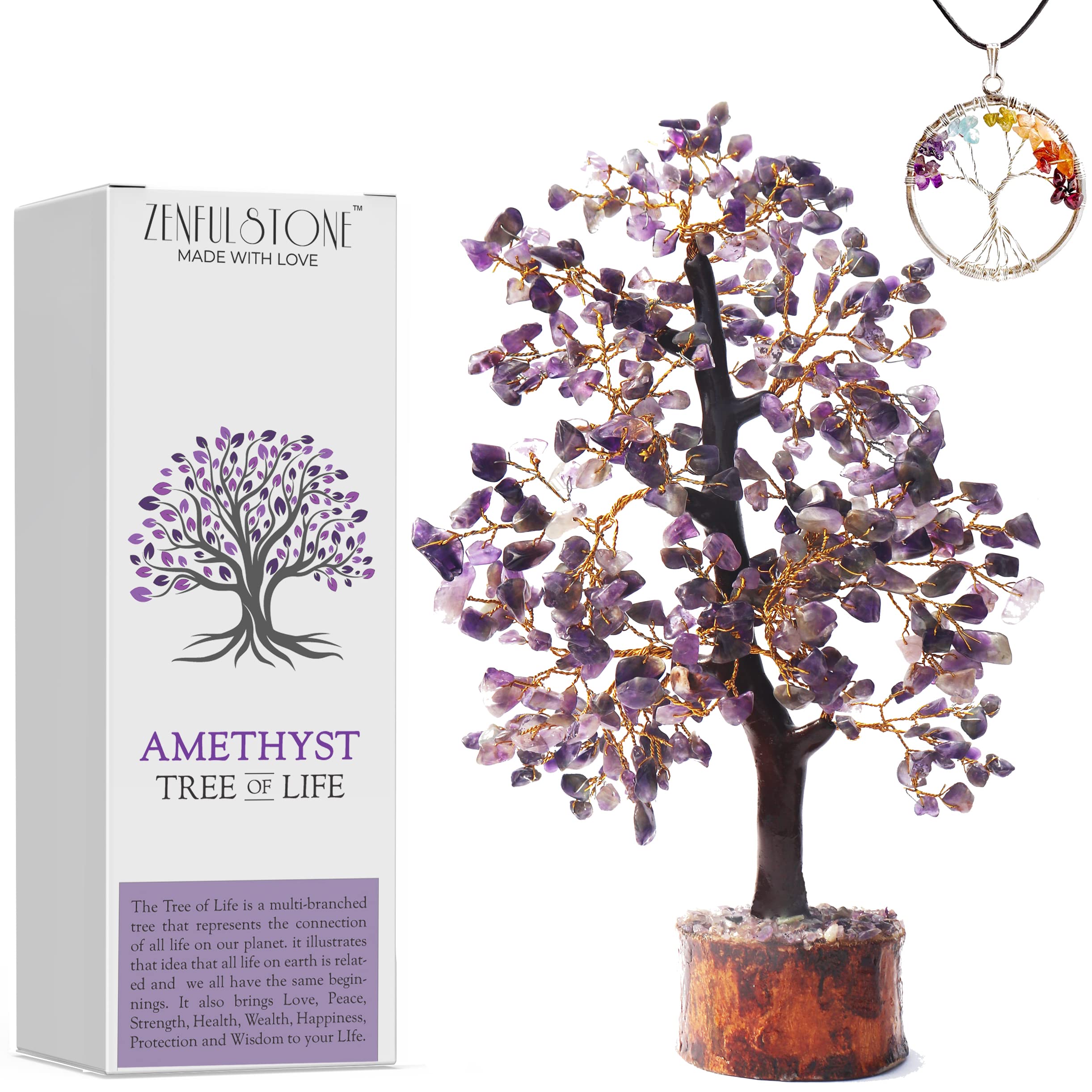 ZENFULSTONE Amethyst Crystal Tree of Life for Home Office, and Desk Décor, Amethyst Golden Wire, 25- 28 Centimeter