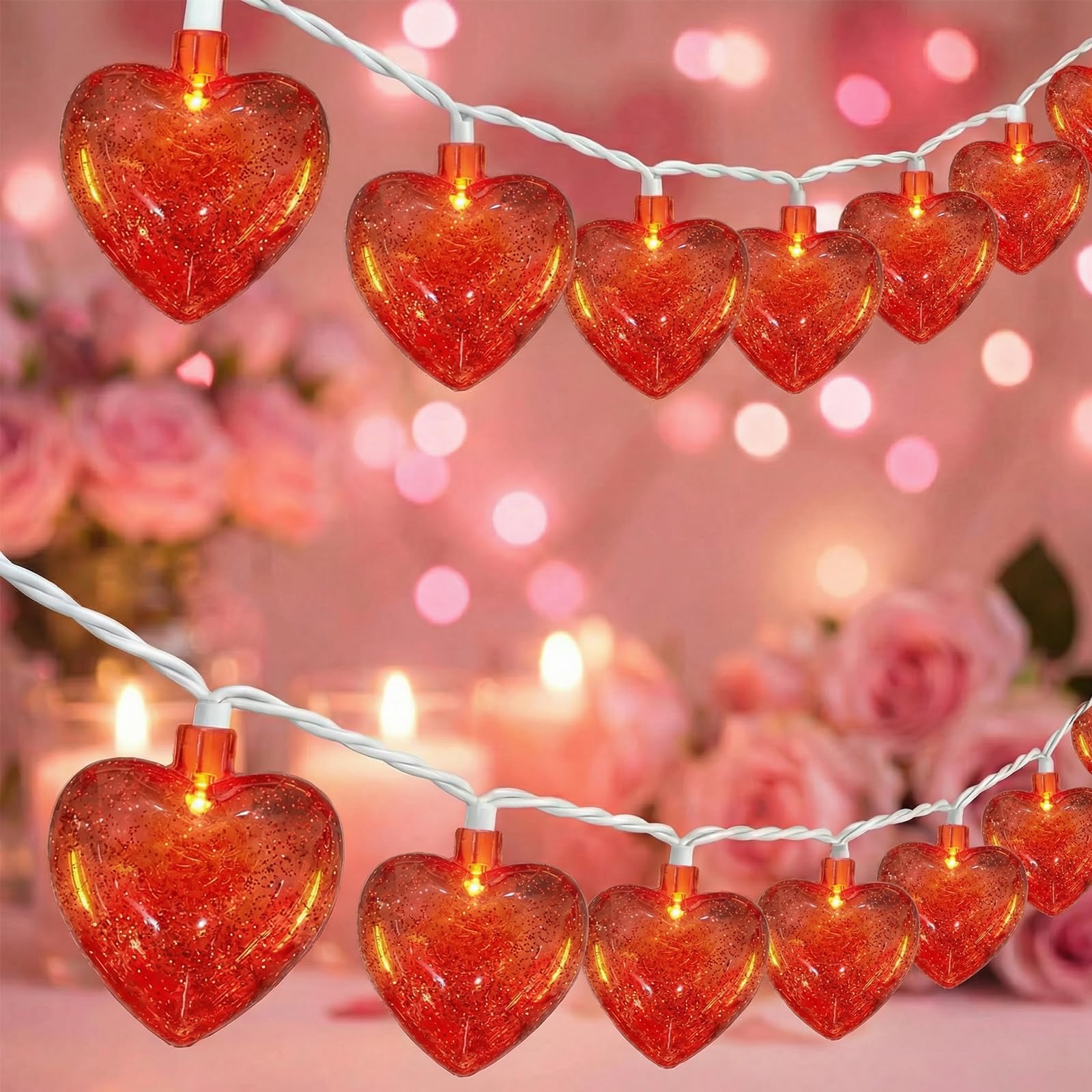 8.5Ft Red Heart String Lights,10 LED 3D Glitter Hearts Plug in Fairy Heart Shape Lights,Connectable Valentine's Day Decorations for Bedroom,Window,Wedding,Anniversary,Indoor Outdoor