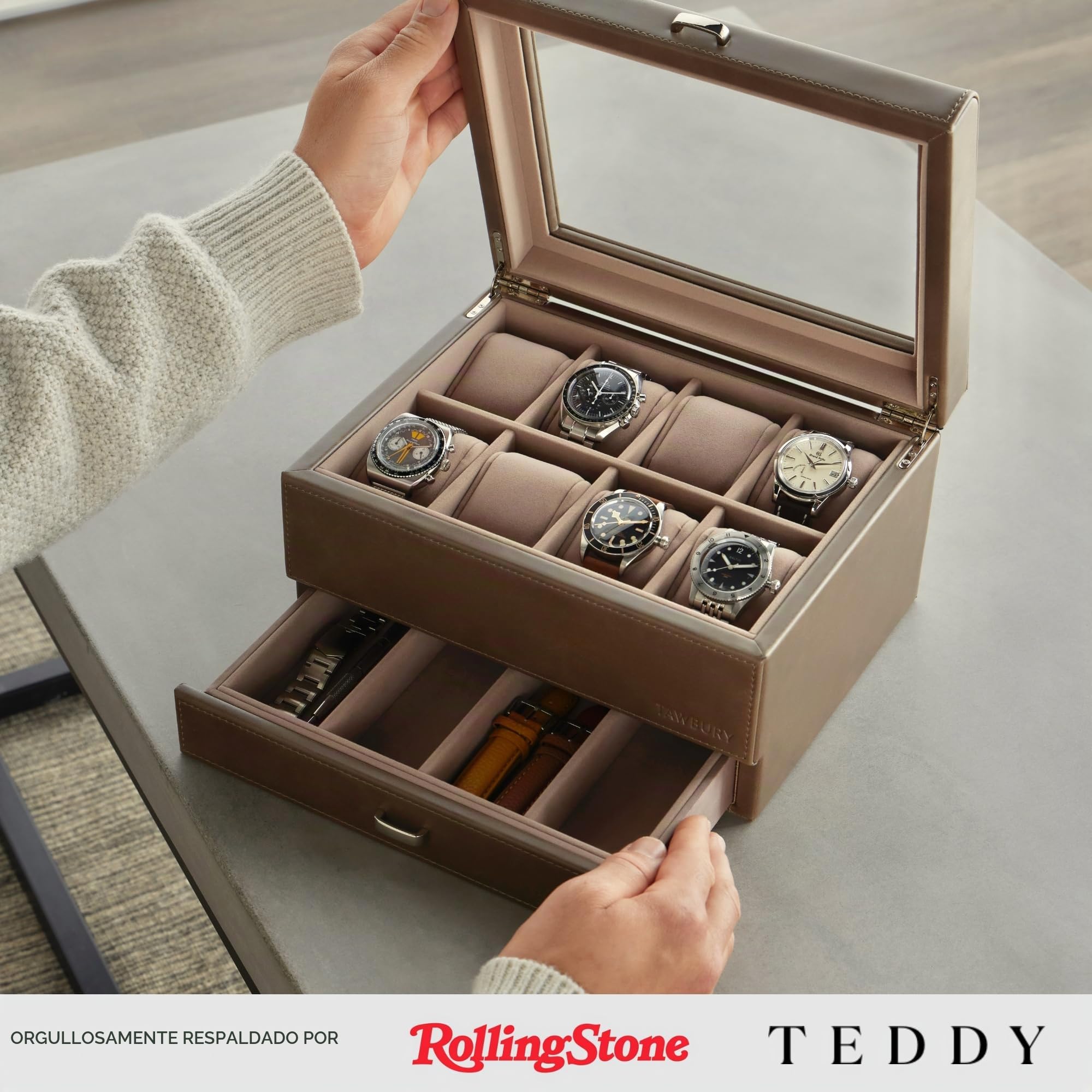 TAWBURY Caja de reloj de 8 ranuras, unisex, con cajón de almacenamiento, pantalla de cristal real y almohadas extra anchas para relojes grandes (gris pardo)